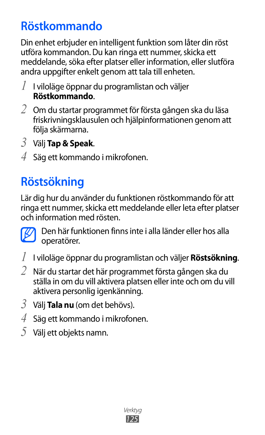 Samsung GT-I9070RWANEE, GT-I9070HKANEE Röstkommando, Röstsökning, Välj Tap & Speak, Säg ett kommando i mikrofonen, 125 