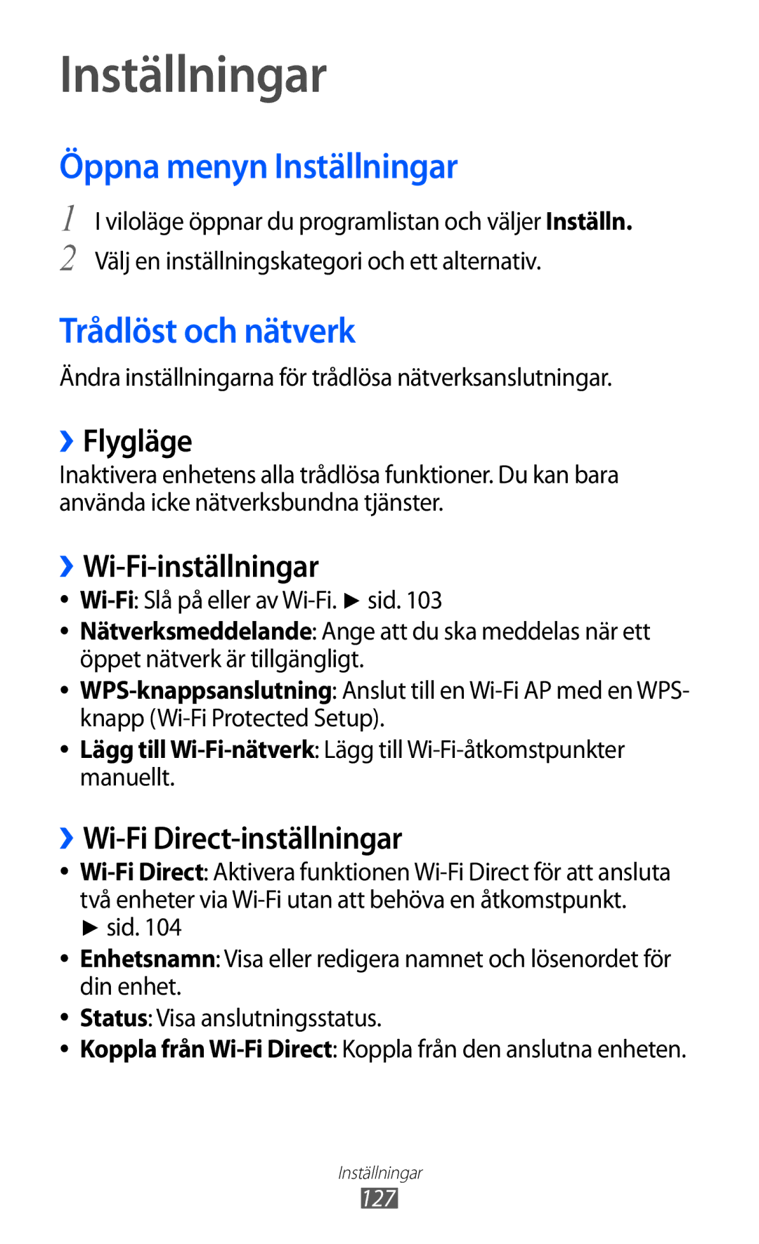 Samsung GT-I9070MSANEE, GT-I9070HKANEE, GT-I9070RWANEE manual Öppna menyn Inställningar, Trådlöst och nätverk 