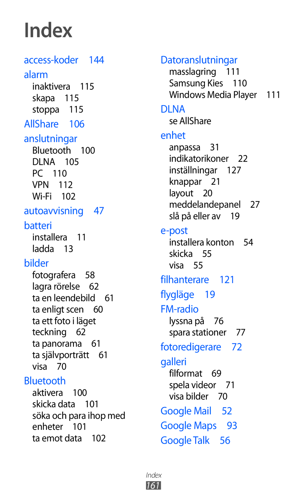 Samsung GT-I9070RWANEE, GT-I9070HKANEE, GT-I9070MSANEE manual Index, 161 