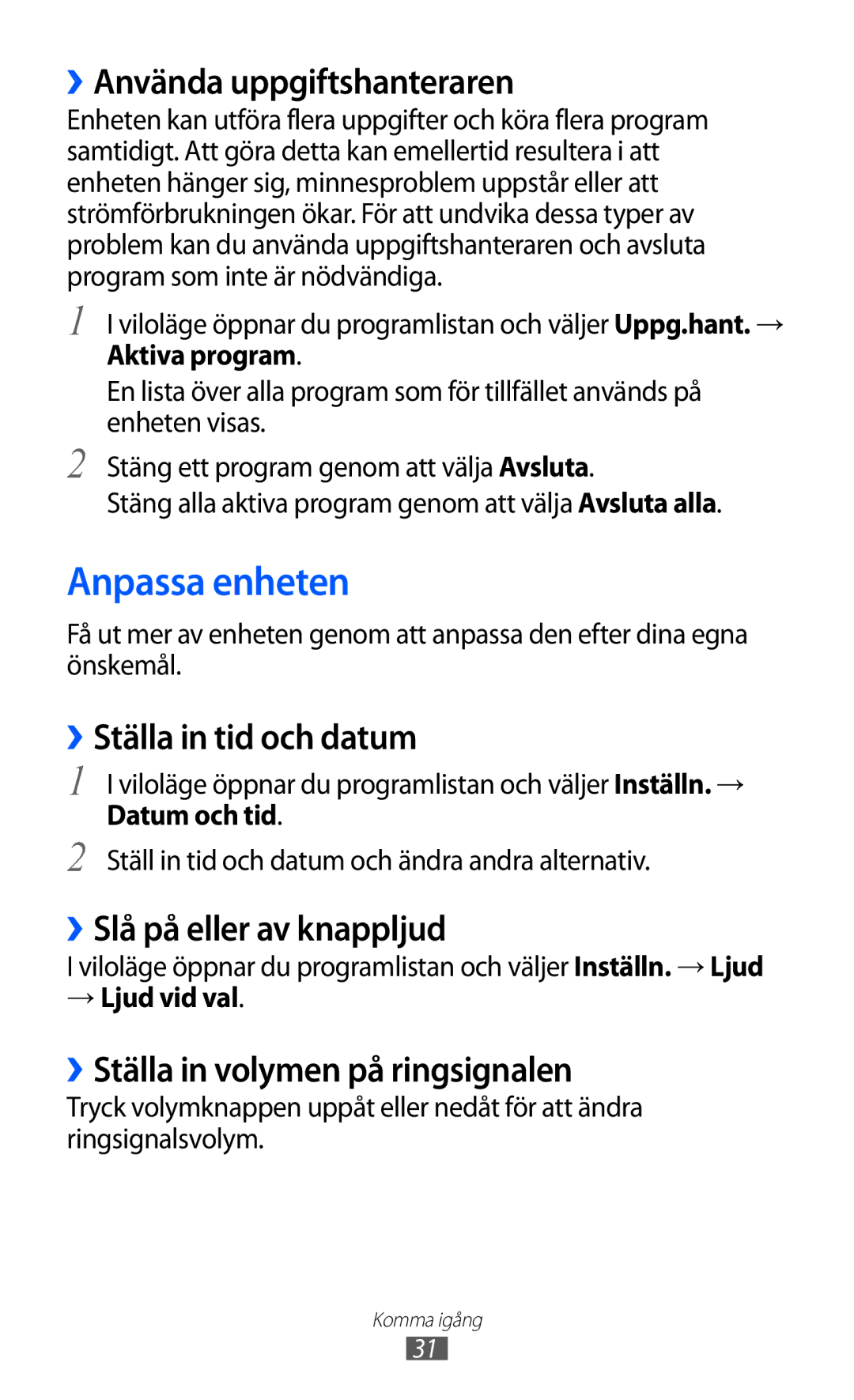 Samsung GT-I9070MSANEE, GT-I9070HKANEE manual Anpassa enheten, ››Använda uppgiftshanteraren, ››Ställa in tid och datum 