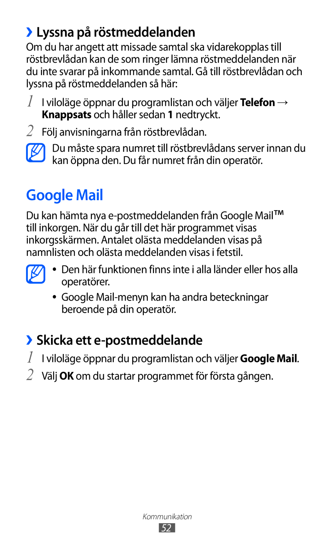 Samsung GT-I9070MSANEE, GT-I9070HKANEE manual Google Mail, ››Lyssna på röstmeddelanden, ››Skicka ett e-postmeddelande 