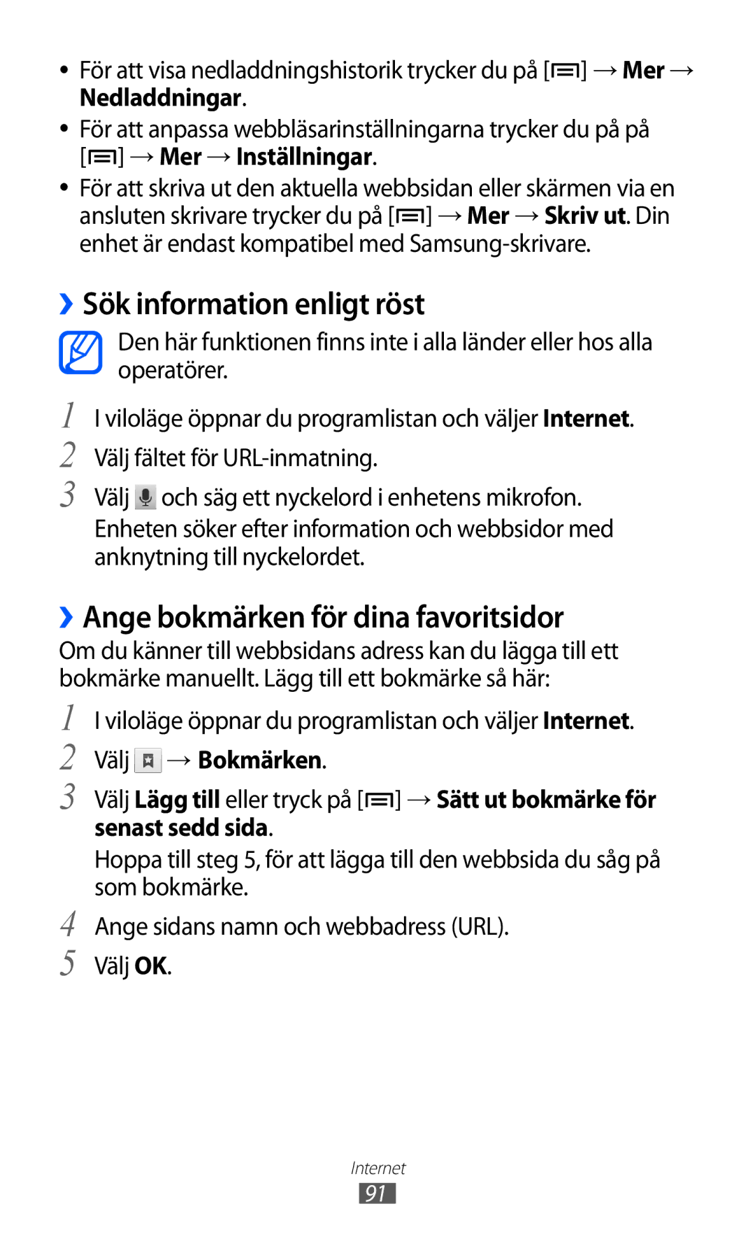 Samsung GT-I9070MSANEE manual ››Sök information enligt röst, ››Ange bokmärken för dina favoritsidor, Välj → Bokmärken 