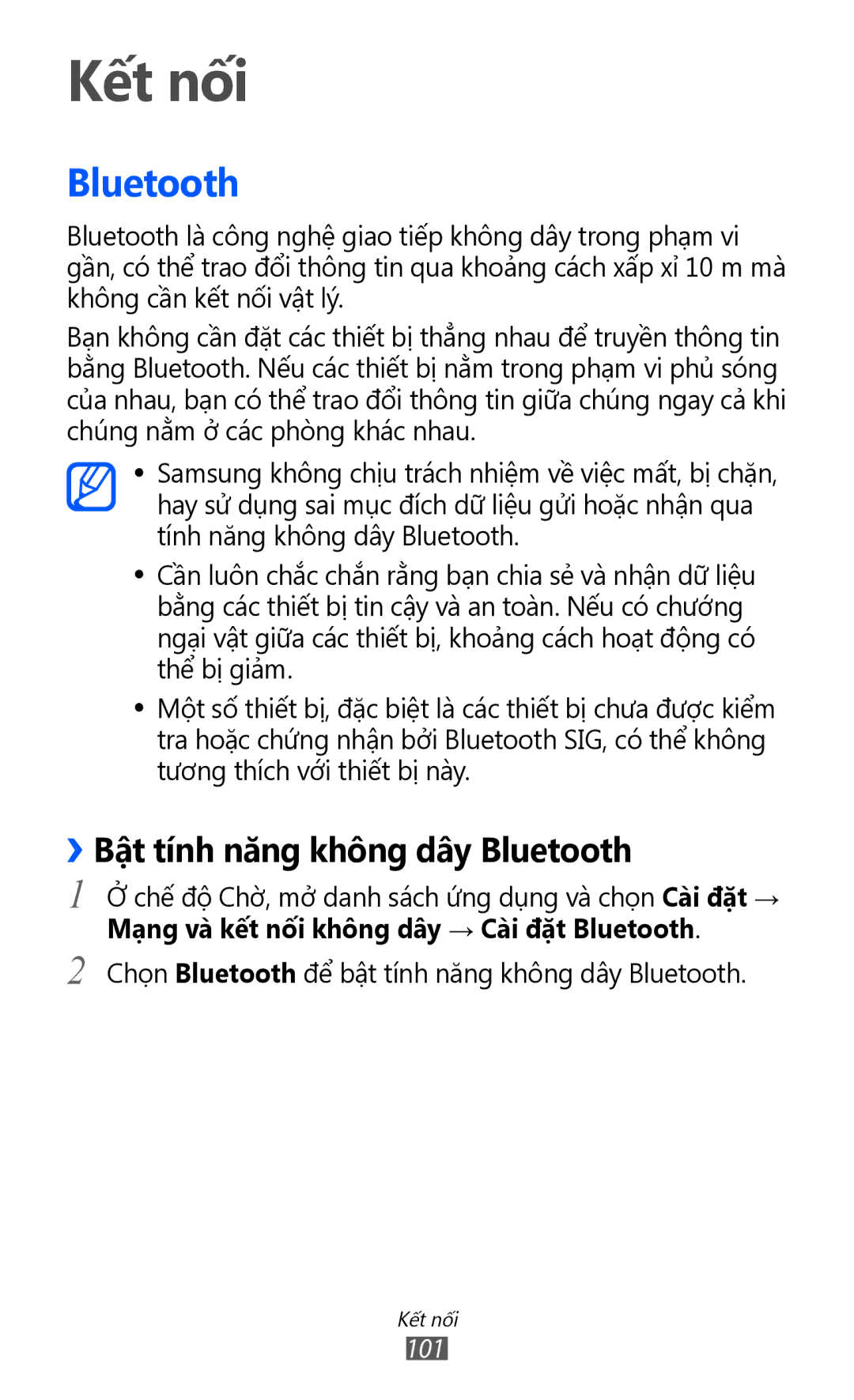 Samsung GT-I9070MSAXXV, GT-I9070HKAXEV, GT-I9070MSAXEV, GT-I9070HKAXXV manual Kết nối, ››Bật tính năng không dây Bluetooth 