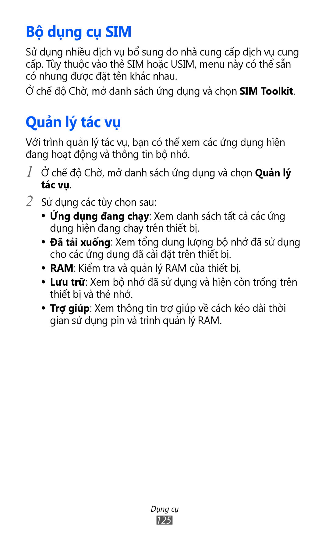 Samsung GT-I9070RWAXXV, GT-I9070HKAXEV, GT-I9070MSAXEV, GT-I9070HKAXXV, GT-I9070MSAXXV manual Bộ dụng cụ SIM, Quả̉n lý tác vụ 