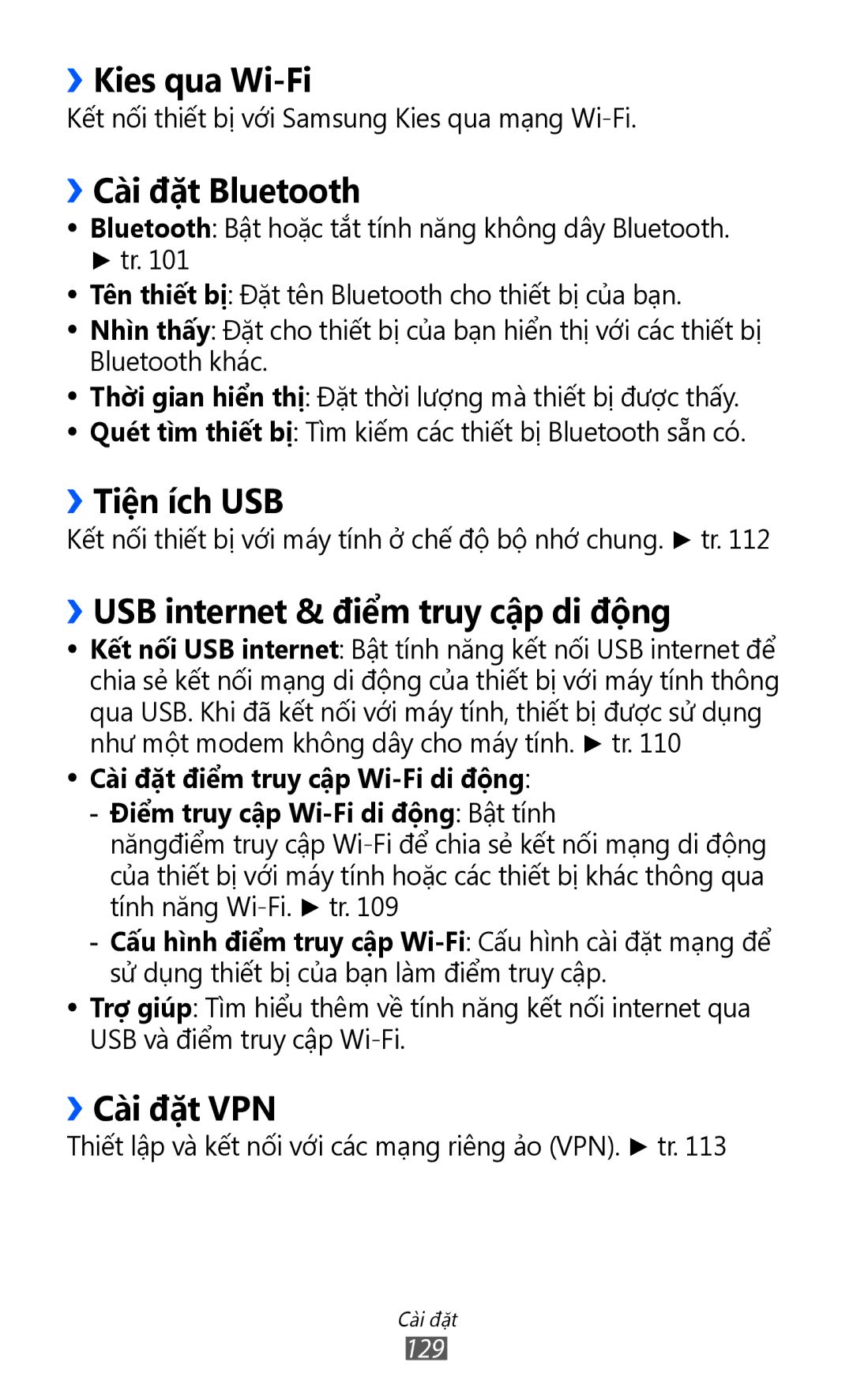 Samsung GT-I9070MSAXXV manual ››Kies qua Wi-Fi, ››Cài đặt Bluetooth, ››Tiện ích USB, ››USB internet & điêm truy câp di đông 