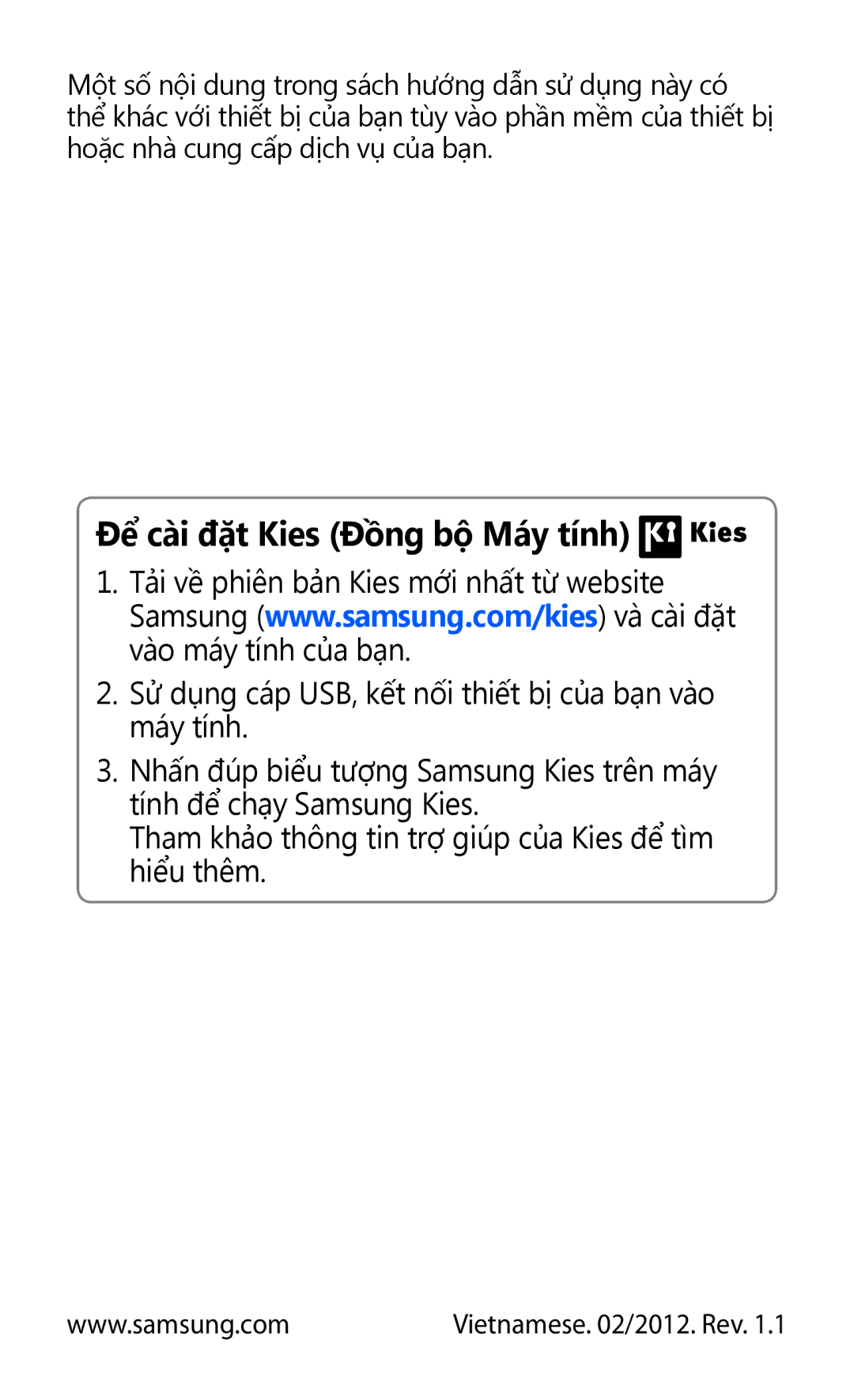 Samsung GT-I9070HKAXXV, GT-I9070HKAXEV, GT-I9070MSAXEV, GT-I9070MSAXXV, GT-I9070MSVXXV manual Để cài đặt Kies Đồng bộ Máy tính 