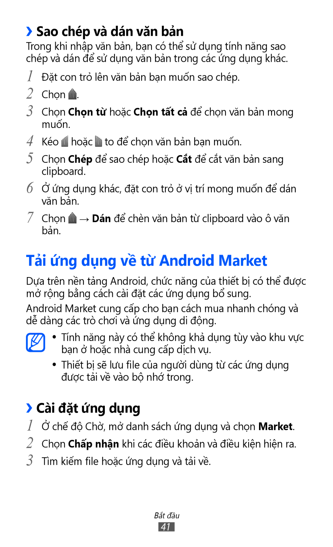 Samsung GT-I9070RWAXXV manual Tả̉i ứ́ng dụng về từ Android Market, ››Sao chép và dán văn bả̉n, ››Cài đặt ứ́ng dụng 