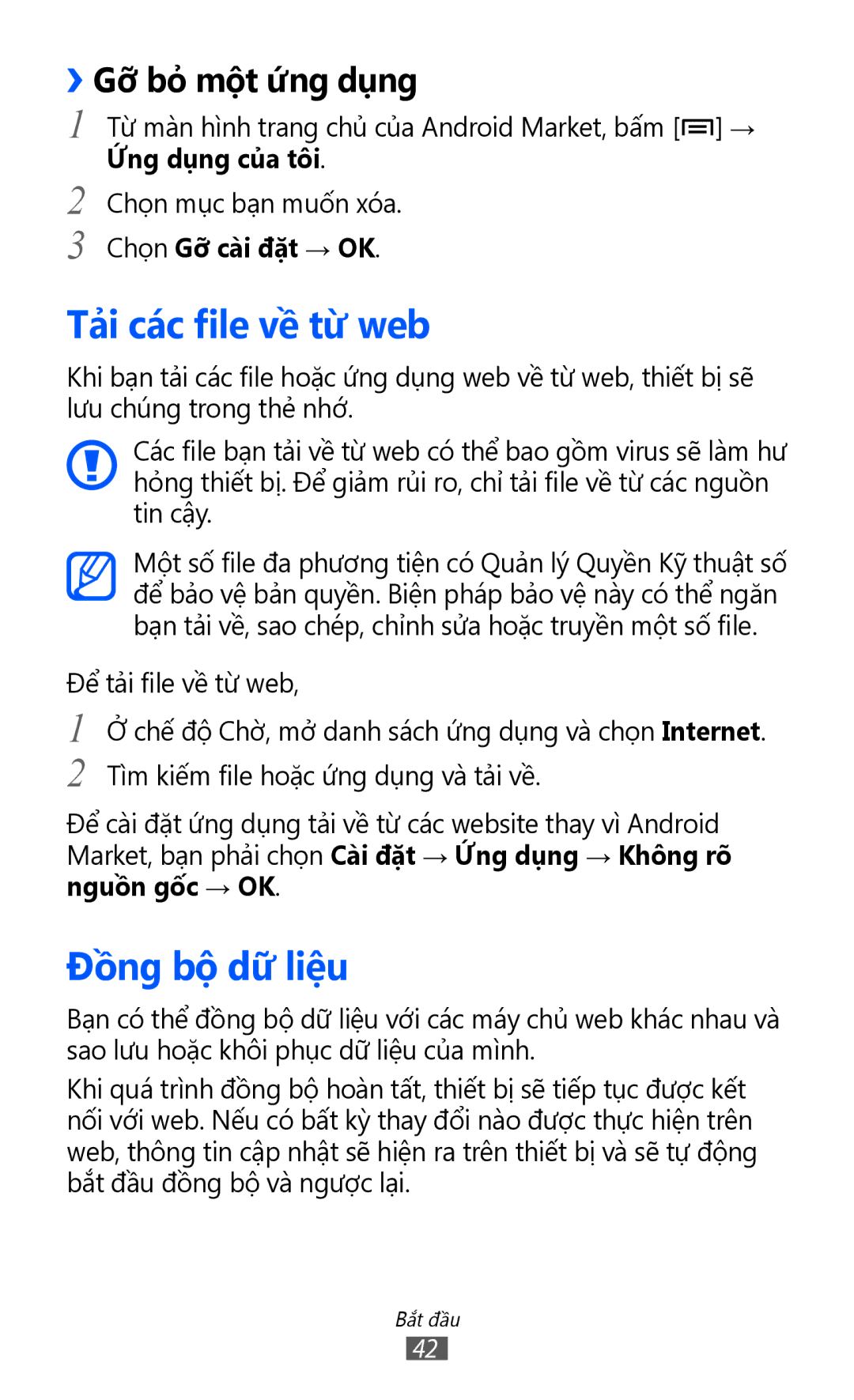 Samsung GT-I9070HKAXEV manual Tả̉i các file về từ web, Đồng bộ dữ̃ liệu, ››Gỡ bỏ một ứ́ng dụng, Chọn Gỡ cai đăt → OK 