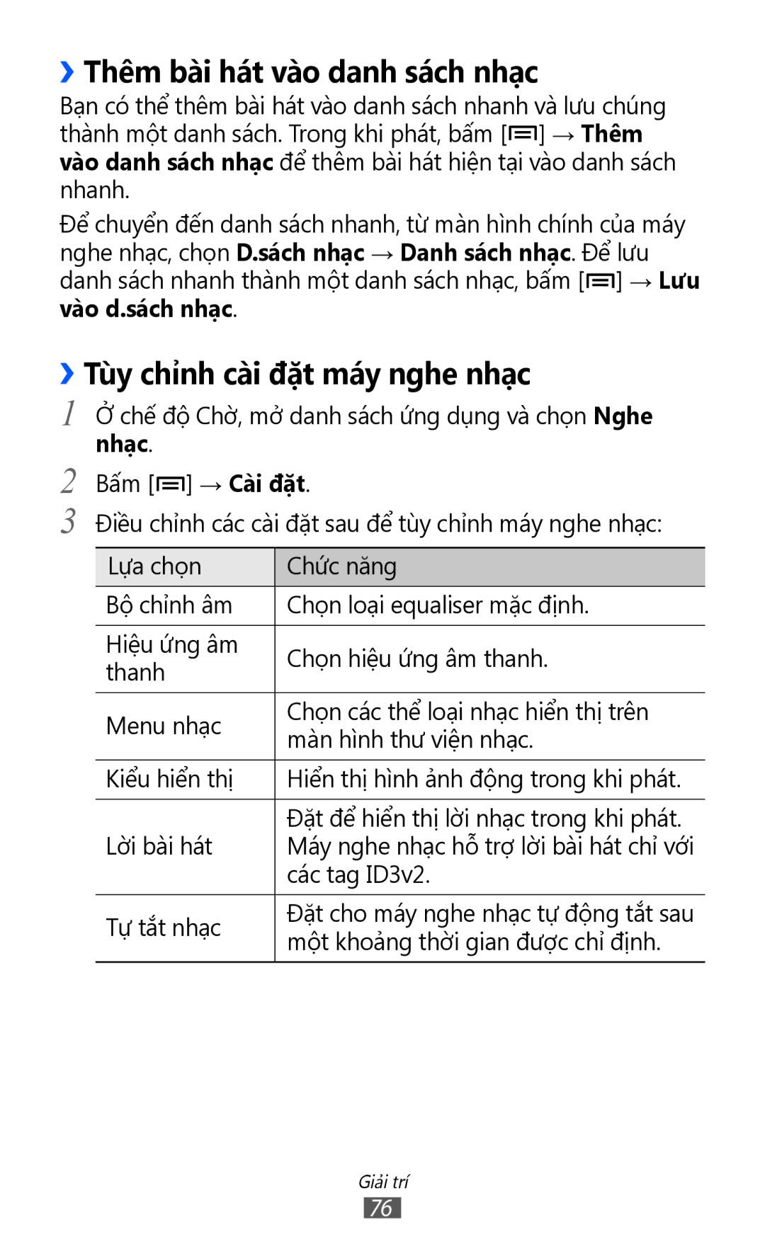 Samsung GT-I9070RWAXXV, GT-I9070HKAXEV, GT-I9070MSAXEV ››Thêm bài hát vào danh sách nhạc, ››Tùy chỉnh cài đặt máy nghe nhạc 