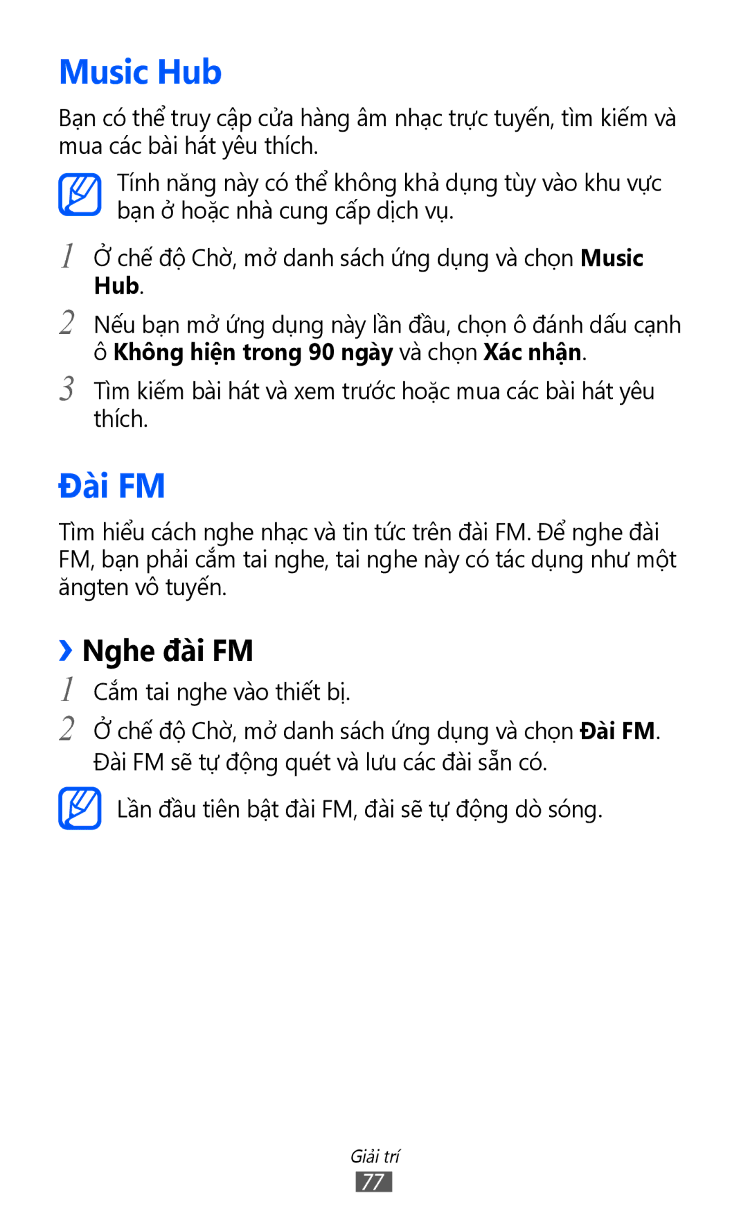 Samsung GT-I9070HKAXEV, GT-I9070MSAXEV manual Music Hub, Đài FM, ››Nghe đài FM, Không hiên trong 90 ngay và chọn Xac nhân 