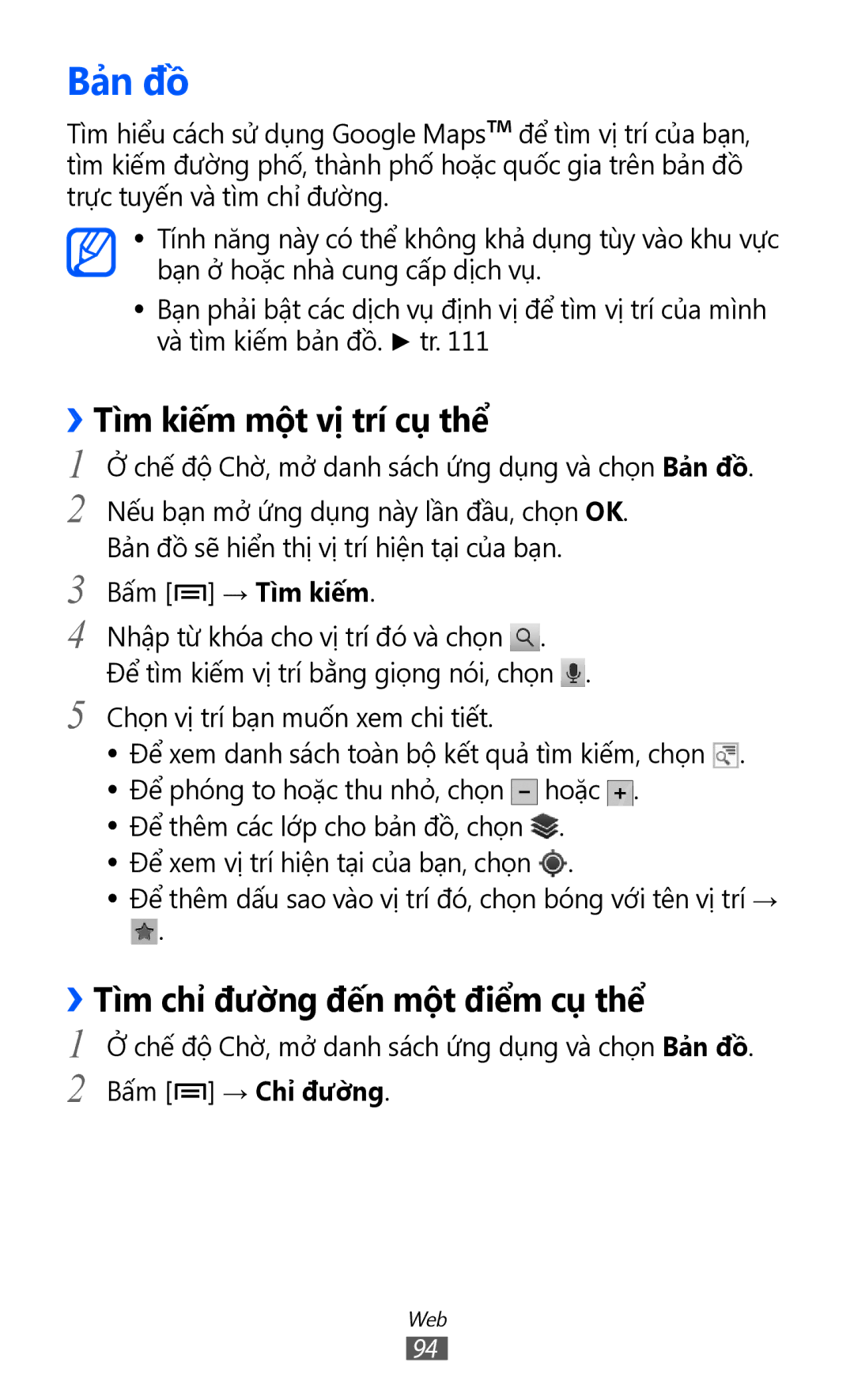 Samsung GT-I9070MSAXXV manual Bả̉n đồ, ››Tì̀m kiếm một vị trí cụ thể, ››Tì̀m chỉ đường đến một điểm cụ thể, Bấm → Tì̀m kiếm 