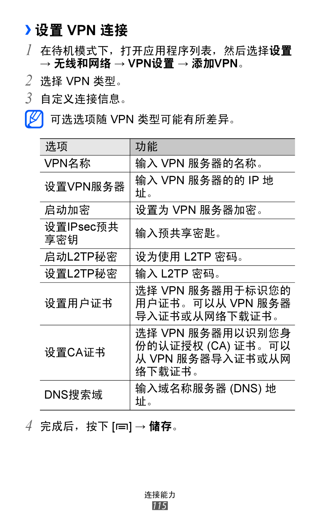 Samsung GT-I9070MSAXXV, GT-I9070HKAXEV, GT-I9070MSAXEV, GT-I9070HKAXXV, GT-I9070MSVXXV, GT-I9070MSVXEV manual ››设置 Vpn 连接 