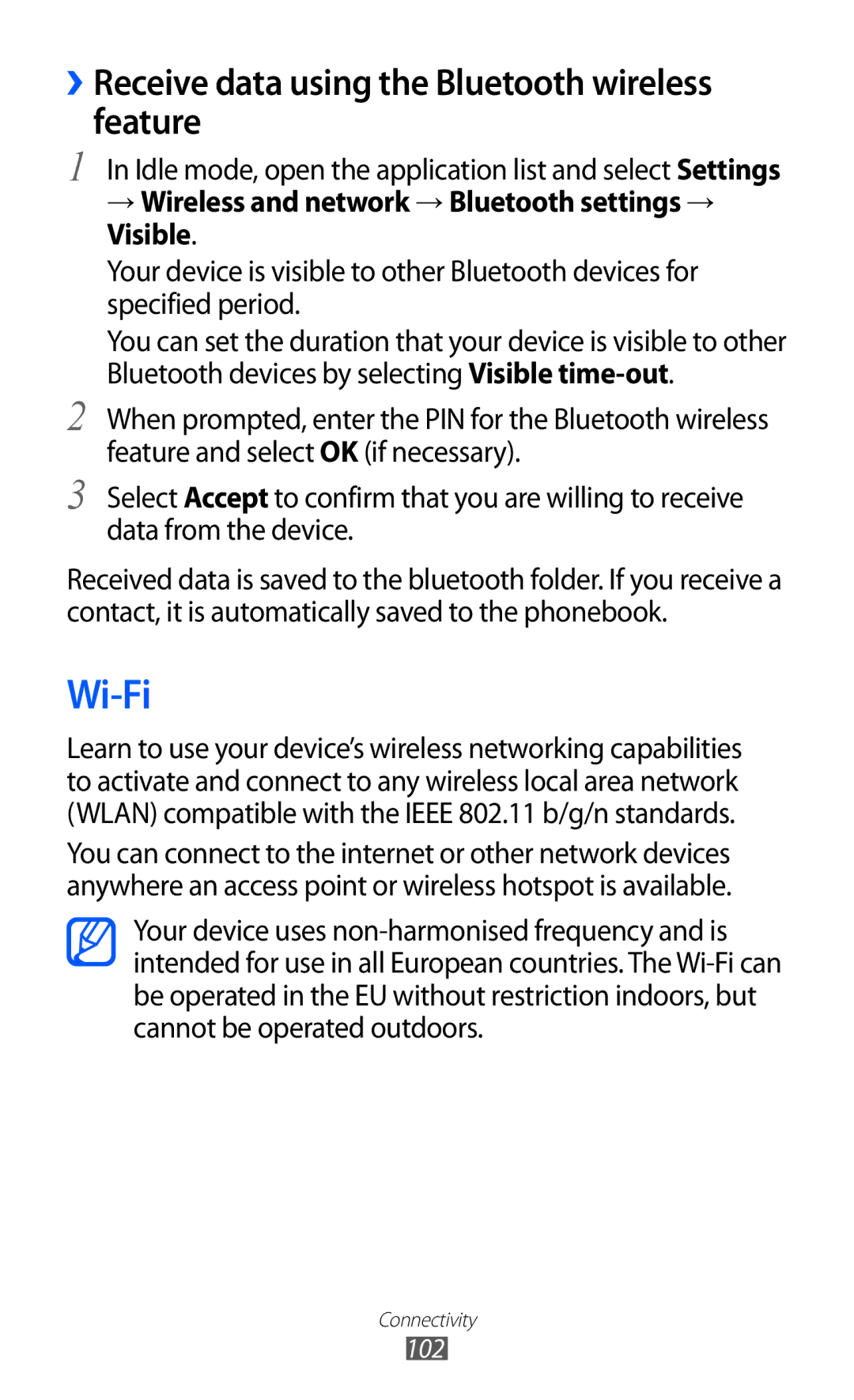 Samsung GT2I9070RWNTMZ, GT-I9070HKNATO, GT-I9070HKNDBT manual Wi-Fi, ››Receive data using the Bluetooth wireless feature 