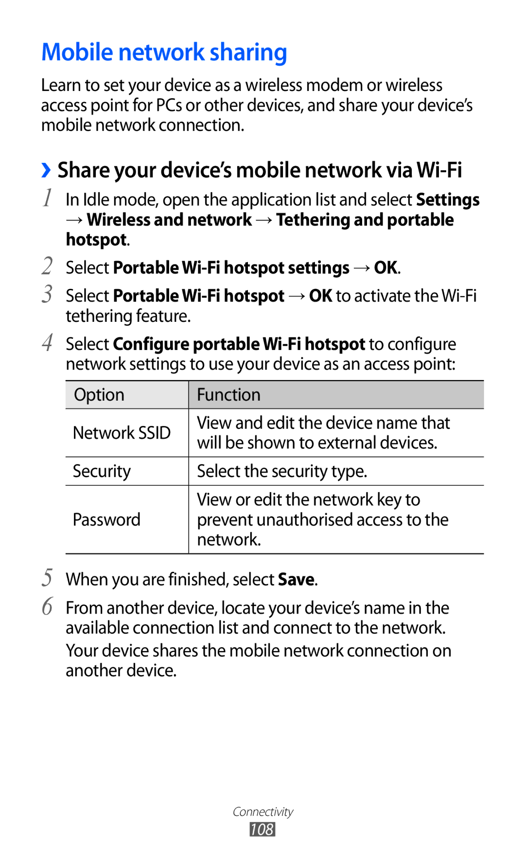 Samsung GT-I9070HKVTMZ, GT-I9070HKNATO manual Mobile network sharing, ››Share your device’s mobile network via Wi-Fi 