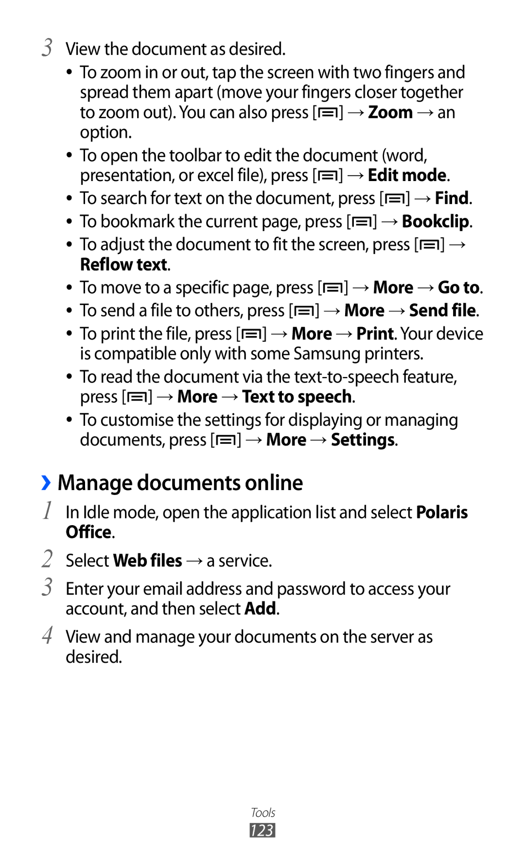 Samsung GT-I9070RWNTIM manual ››Manage documents online, Idle mode, open the application list and select Polaris, Office 