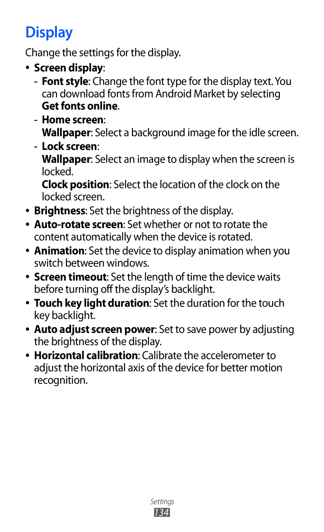 Samsung GT2I9070HKNTMZ manual Display, Change the settings for the display, Screen display, Home screen, Lock screen 