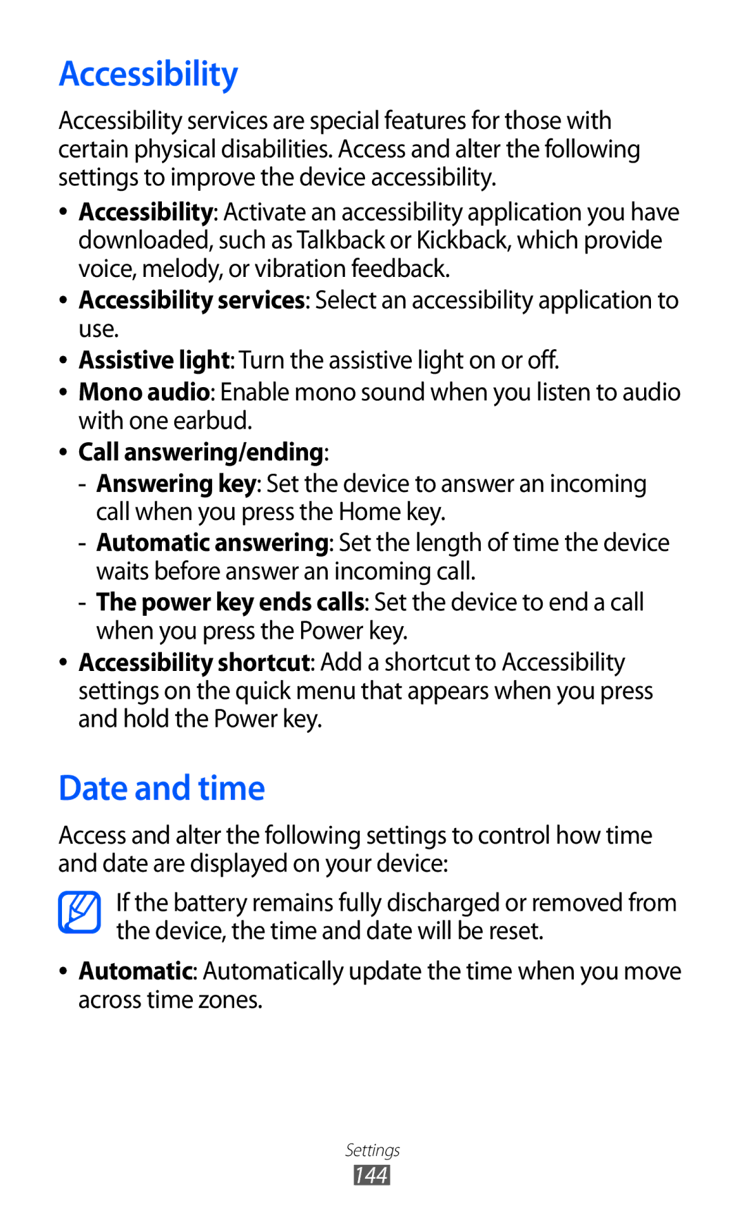 Samsung GT-I9070HKNTUR, GT-I9070HKNATO, GT-I9070HKNDBT, GT-I9070HKNDTM, GT-I9070RWNDTM manual Accessibility, Date and time 