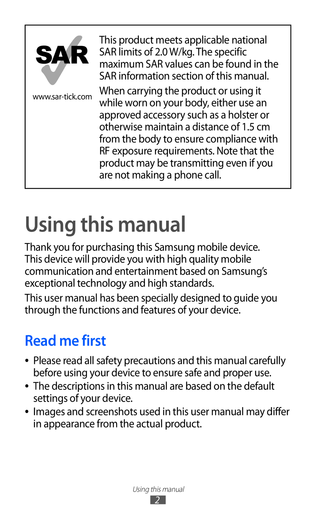 Samsung GT-I9070HKNDTM, GT-I9070HKNATO, GT-I9070HKNDBT, GT-I9070RWNDTM, GT-I9070HKNTUR Using this manual, Read me first 