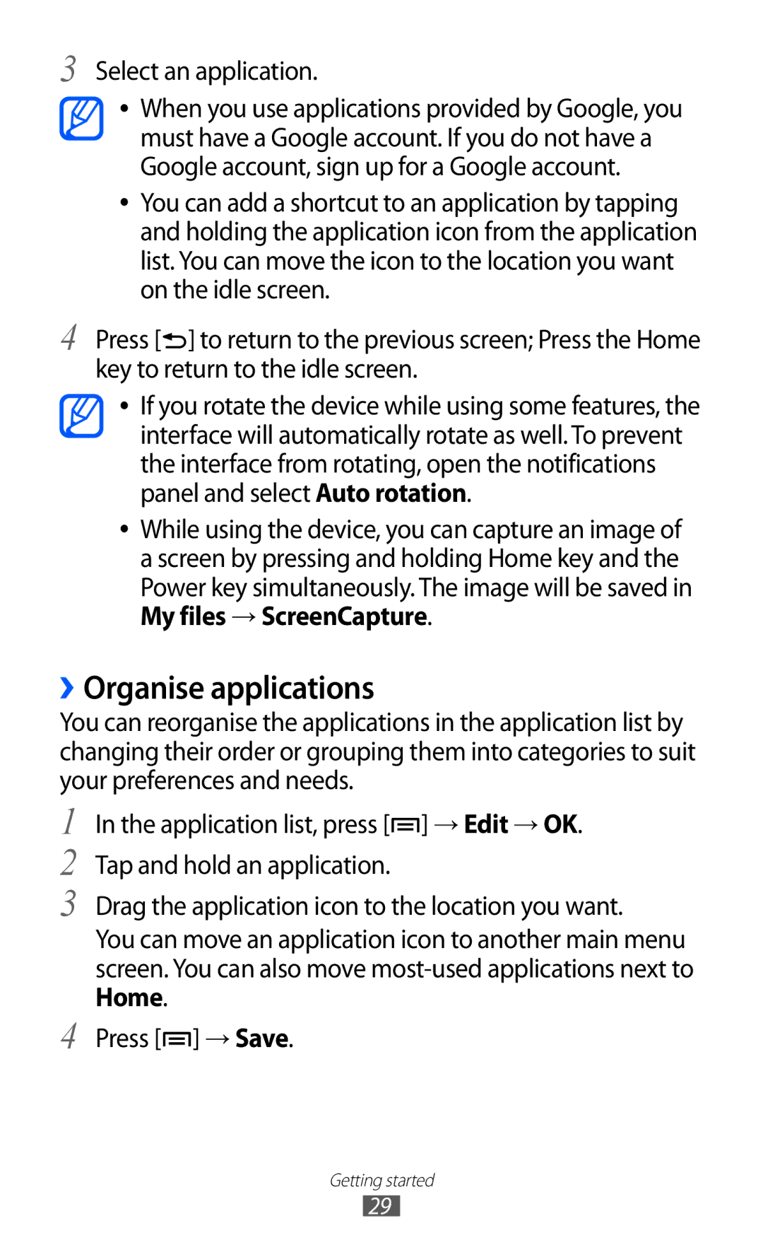 Samsung GT-I9070HKNDBT, GT-I9070HKNATO, GT-I9070HKNDTM, GT-I9070RWNDTM manual ››Organise applications, Select an application 