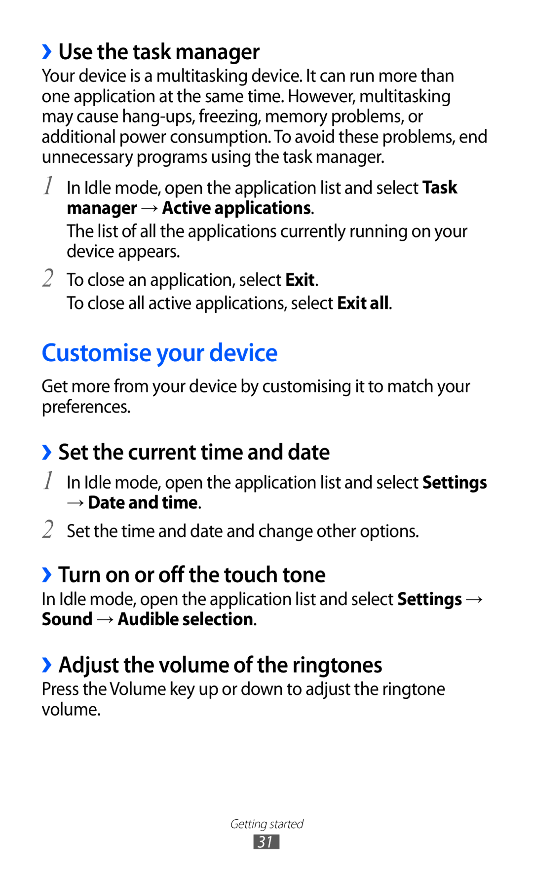 Samsung GT-I9070RWNDTM, GT-I9070HKNATO manual Customise your device, ››Use the task manager, ››Set the current time and date 