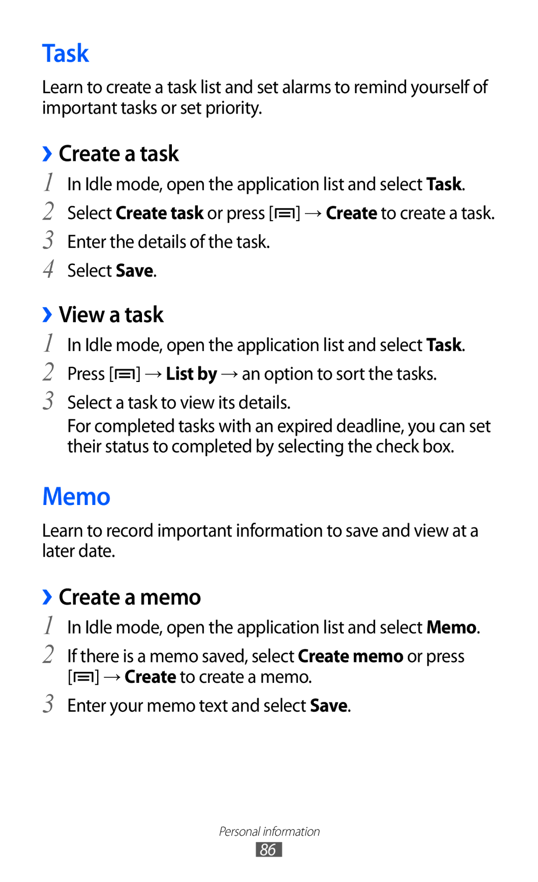 Samsung GT-I9070HKNDTM, GT-I9070HKNATO, GT-I9070HKNDBT manual Task, Memo, ››Create a task, ››View a task, ››Create a memo 