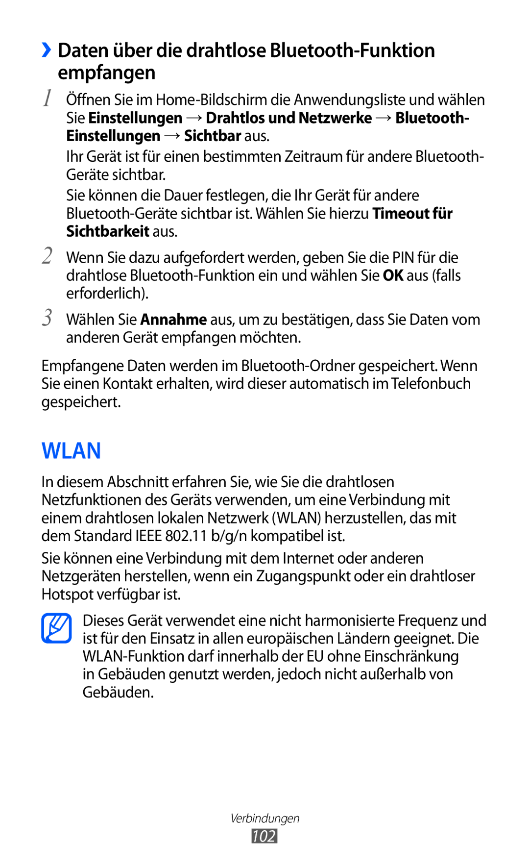 Samsung GT-I9070HKNDTM, GT-I9070HKNATO, GT-I9070HKNDBT manual ››Daten über die drahtlose Bluetooth-Funktion empfangen, 102 