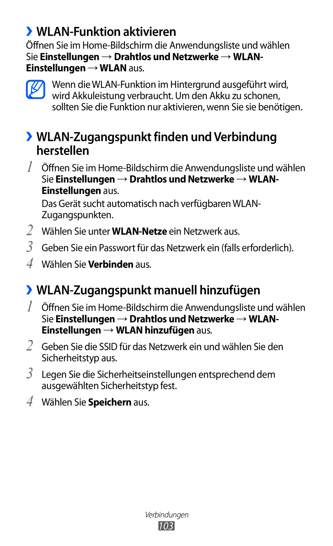 Samsung GT-I9070RWNDTM manual ››WLAN-Funktion aktivieren, ››WLAN-Zugangspunkt finden und Verbindung herstellen, 103 