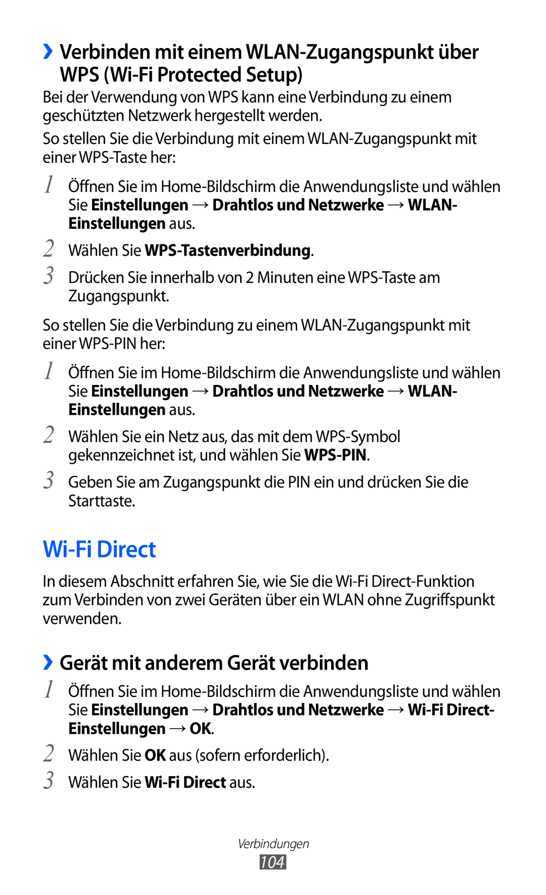 Samsung GT-I9070HKNTUR, GT-I9070HKNATO Wi-Fi Direct, WPS Wi-Fi Protected Setup, ››Gerät mit anderem Gerät verbinden, 104 