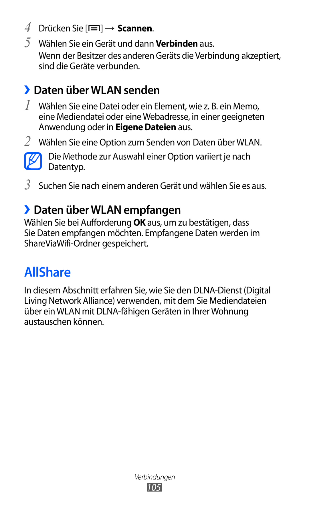 Samsung GT-I9070HKNATO, GT-I9070HKNDBT, GT-I9070HKNDTM AllShare, ››Daten über Wlan senden, ››Daten über Wlan empfangen, 105 