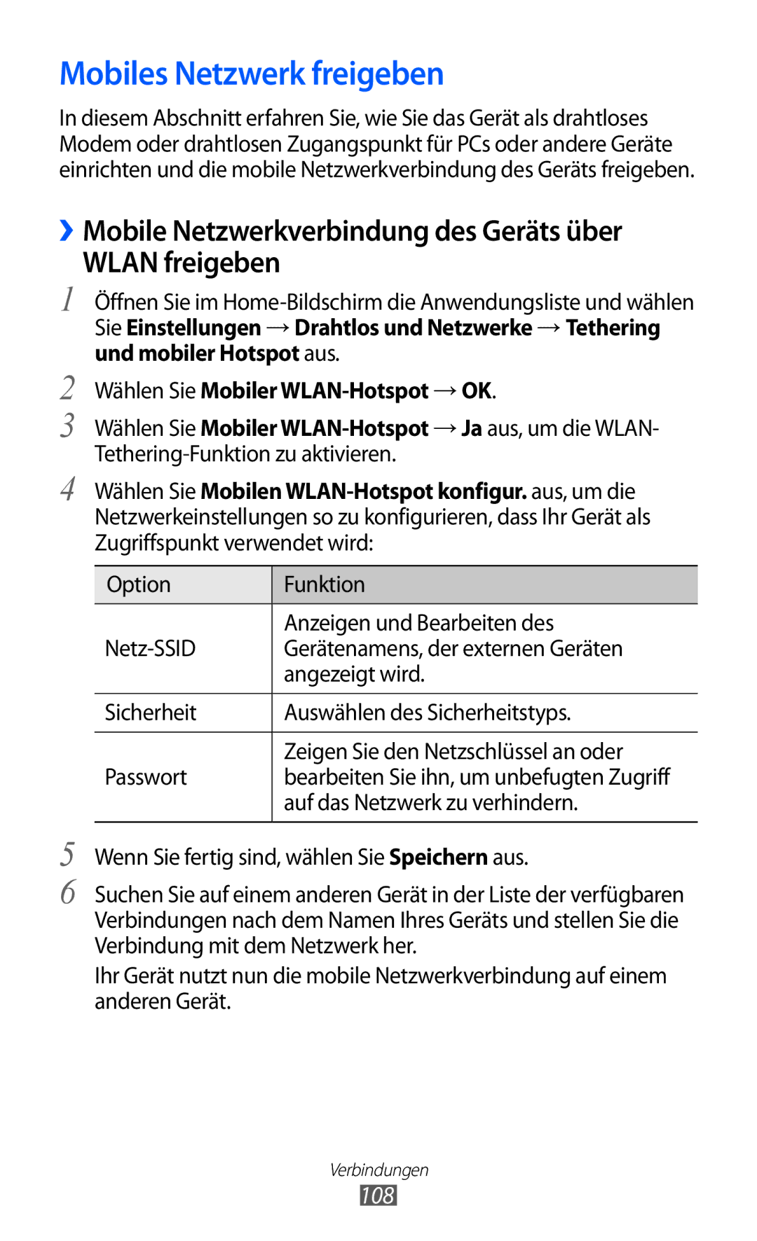 Samsung GT-I9070RWNDTM manual Mobiles Netzwerk freigeben, ››Mobile Netzwerkverbindung des Geräts über Wlan freigeben, 108 