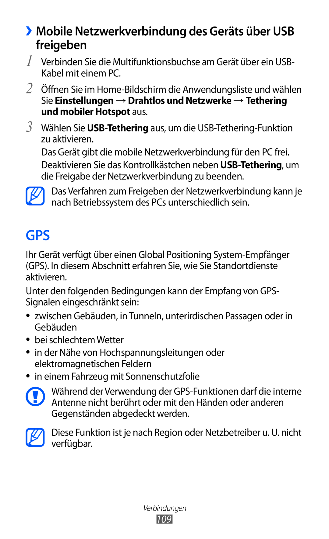 Samsung GT-I9070HKNTUR, GT-I9070HKNATO, GT-I9070HKNDBT manual ››Mobile Netzwerkverbindung des Geräts über USB freigeben, 109 