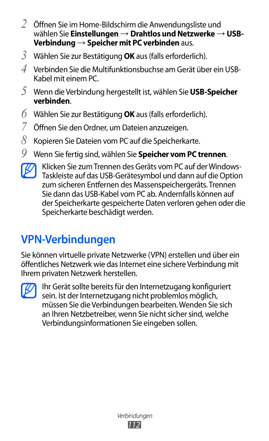 Samsung GT-I9070HKNDTM, GT-I9070HKNATO VPN-Verbindungen, 112, Wenn Sie fertig sind, wählen Sie Speicher vom PC trennen 