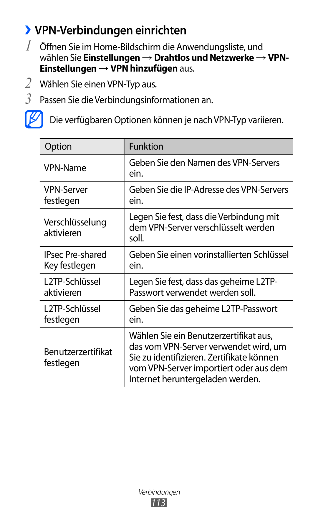 Samsung GT-I9070RWNDTM, GT-I9070HKNATO, GT-I9070HKNDBT, GT-I9070HKNDTM, GT-I9070HKNTUR ››VPN-Verbindungen einrichten, 113 