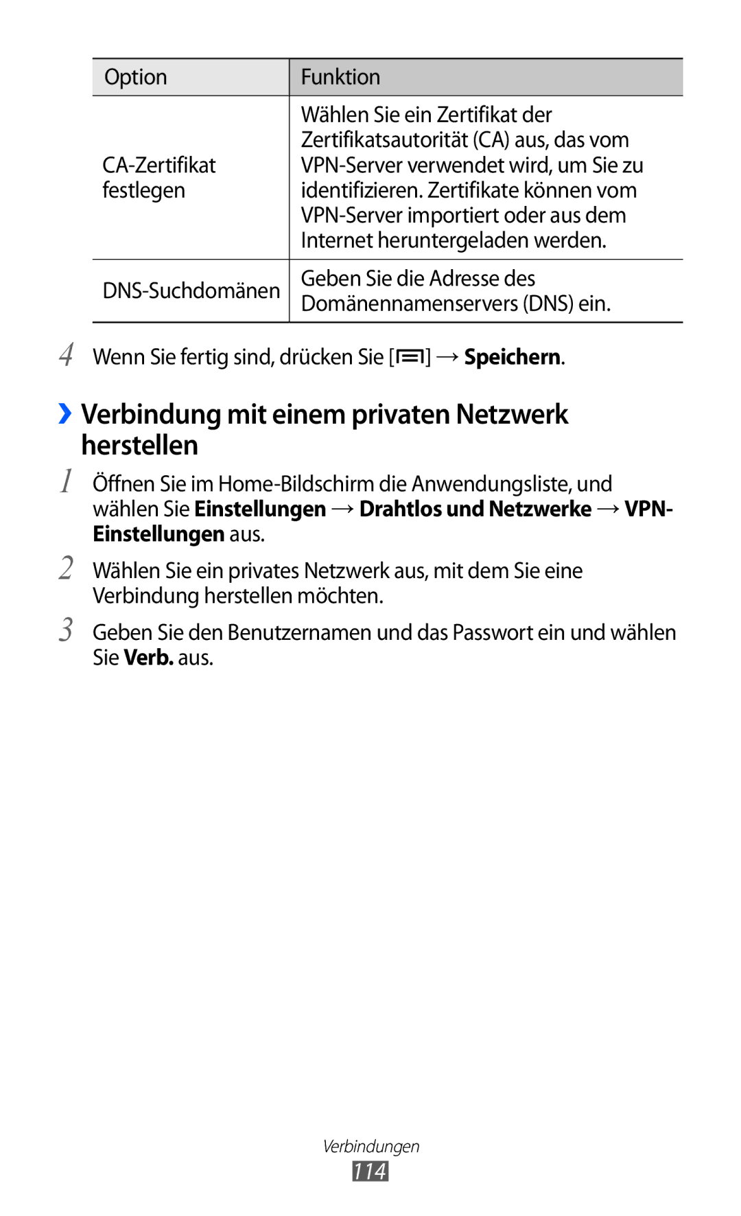 Samsung GT-I9070HKNTUR, GT-I9070HKNATO ››Verbindung mit einem privaten Netzwerk herstellen, 114, Geben Sie die Adresse des 