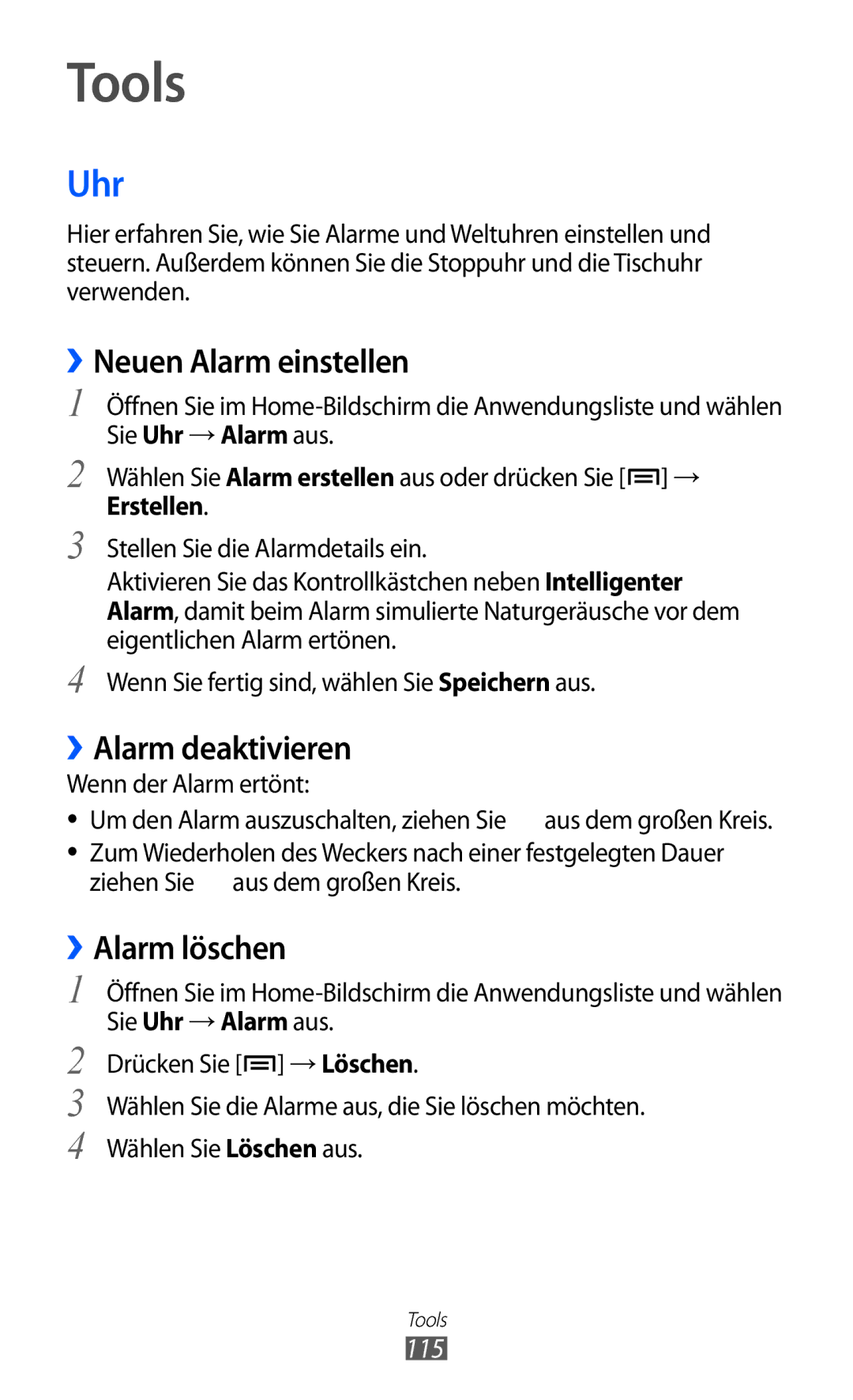 Samsung GT-I9070HKNATO, GT-I9070HKNDBT manual Tools, Uhr, ››Neuen Alarm einstellen, ››Alarm deaktivieren, ››Alarm löschen 