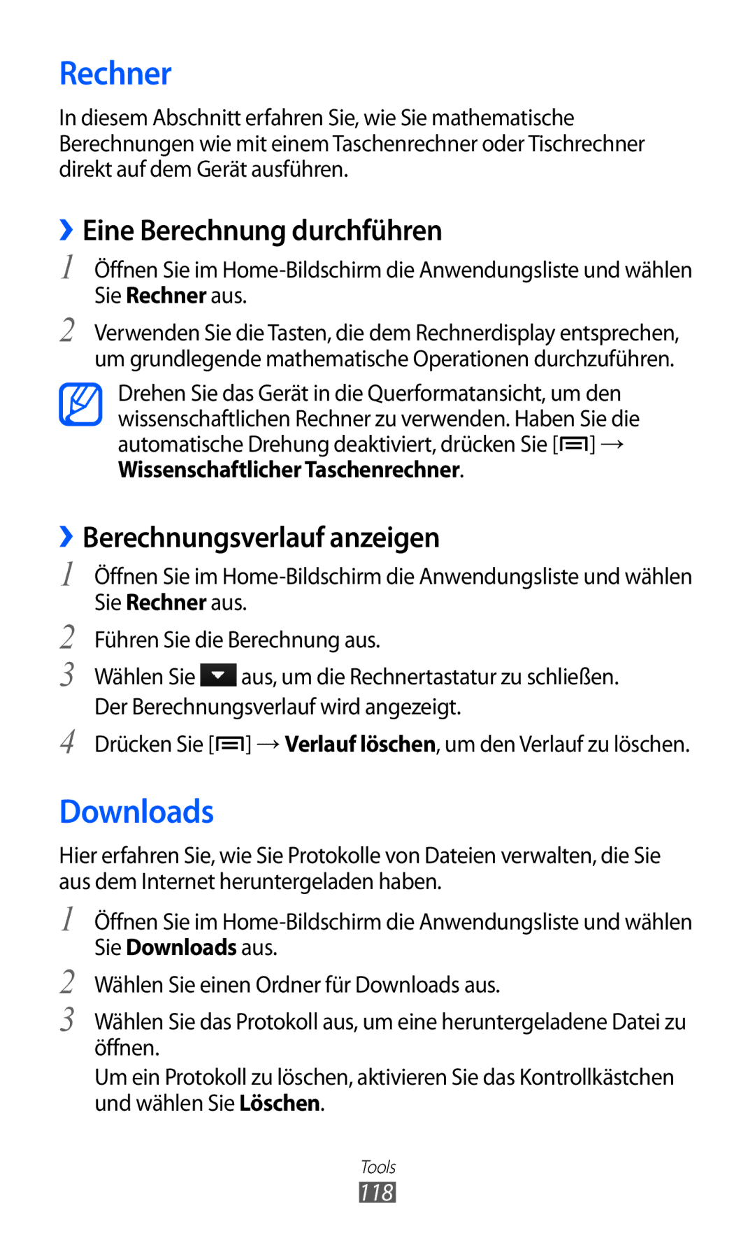 Samsung GT-I9070RWNDTM manual Rechner, Downloads, ››Eine Berechnung durchführen, ››Berechnungsverlauf anzeigen, 118 