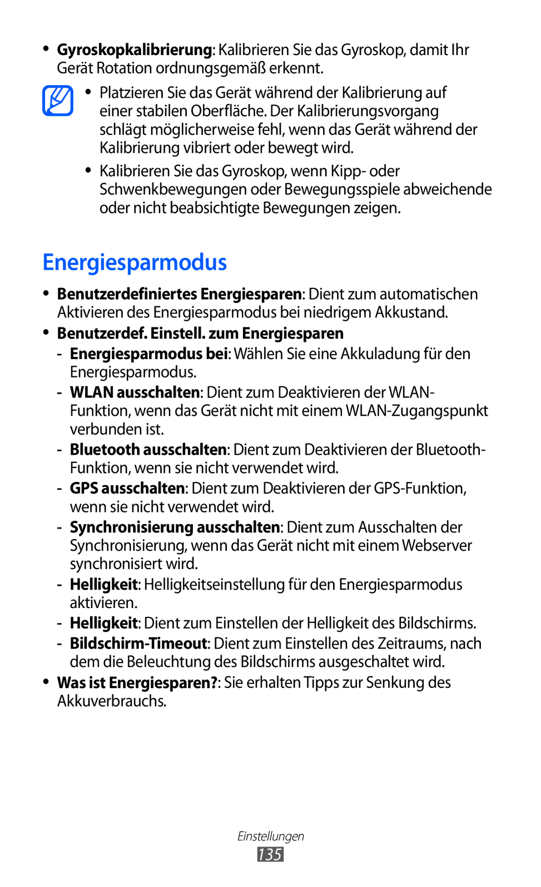 Samsung GT-I9070HKNATO, GT-I9070HKNDBT, GT-I9070HKNDTM manual Energiesparmodus, 135, Benutzerdef. Einstell. zum Energiesparen 