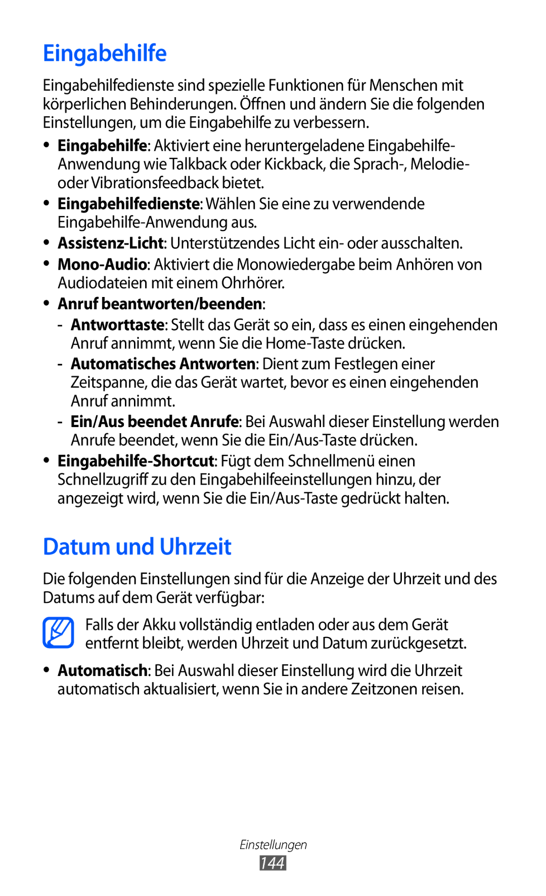 Samsung GT-I9070HKNTUR, GT-I9070HKNATO, GT-I9070HKNDBT, GT-I9070HKNDTM, GT-I9070RWNDTM Eingabehilfe, Datum und Uhrzeit, 144 