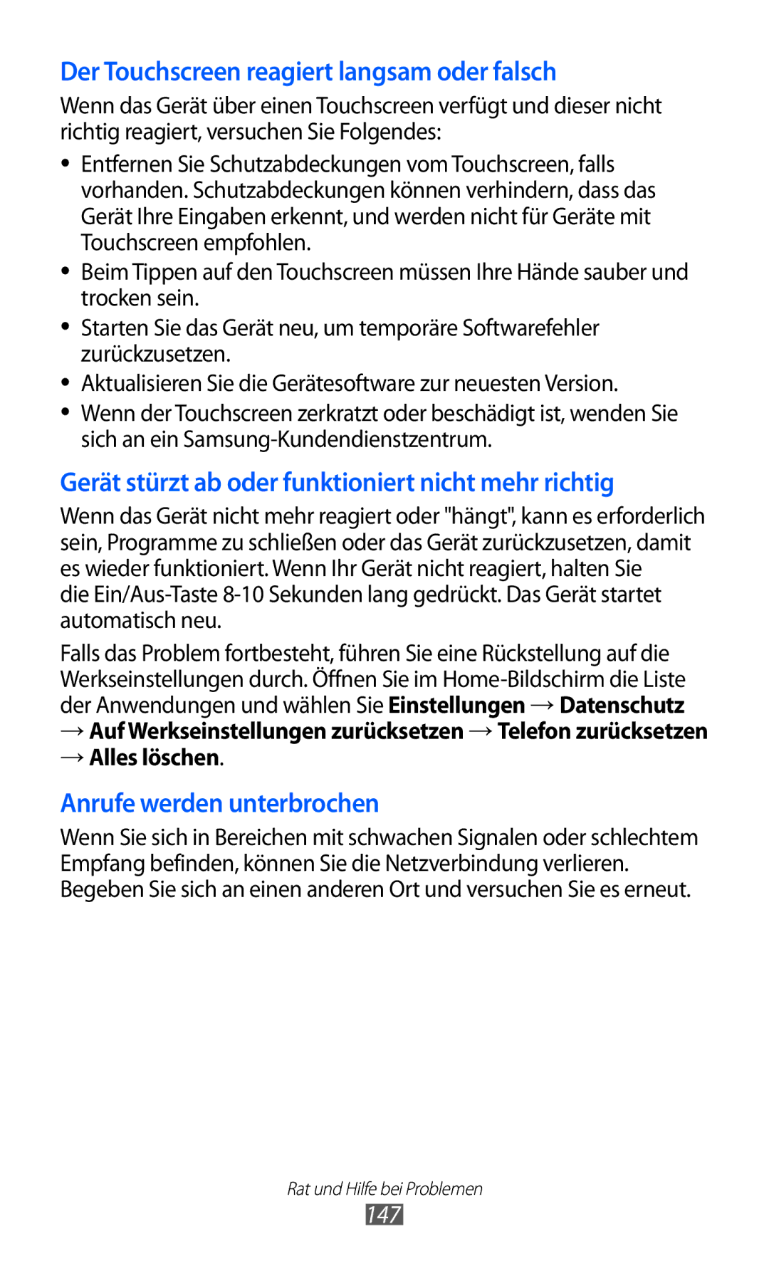 Samsung GT-I9070HKNDTM, GT-I9070HKNATO, GT-I9070HKNDBT, GT-I9070RWNDTM, GT-I9070HKNTUR manual 147, → Alles löschen 