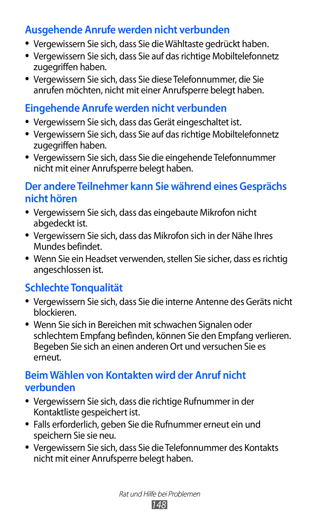 Samsung GT-I9070RWNDTM, GT-I9070HKNATO, GT-I9070HKNDBT, GT-I9070HKNDTM manual Ausgehende Anrufe werden nicht verbunden, 148 