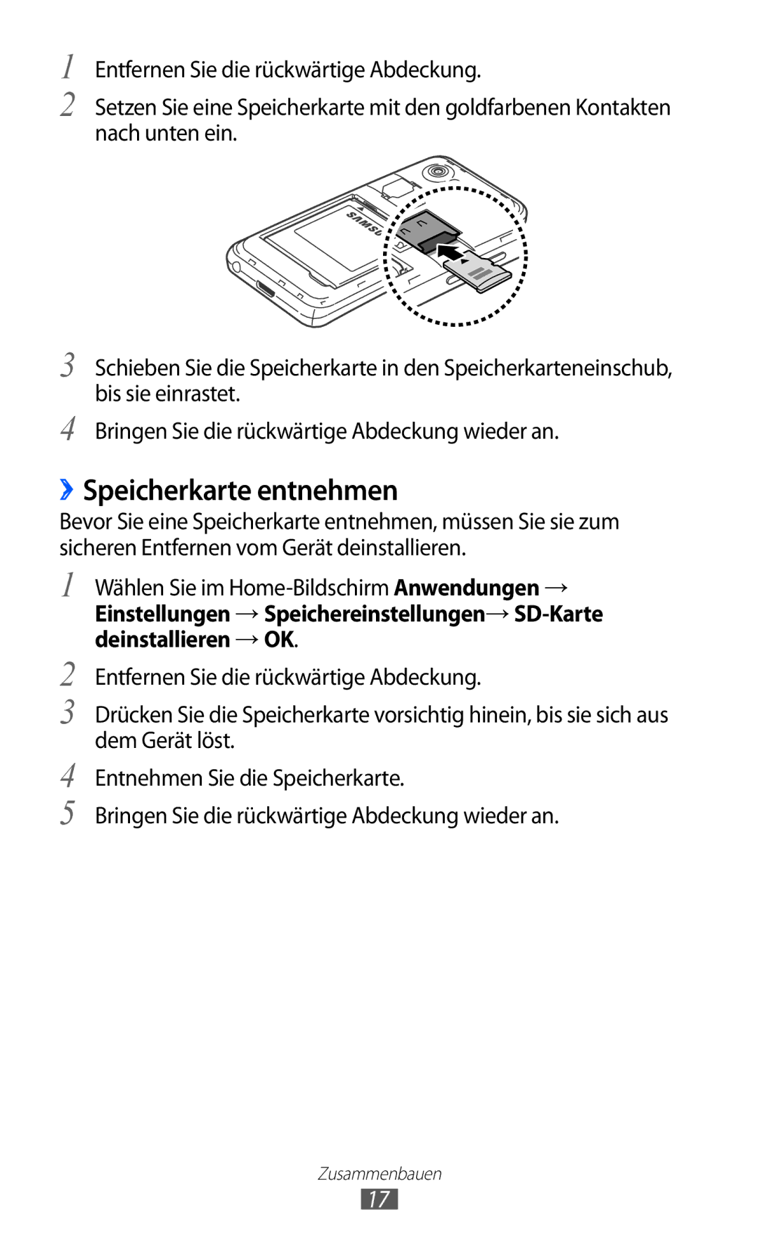 Samsung GT-I9070HKNDTM, GT-I9070HKNATO, GT-I9070HKNDBT, GT-I9070RWNDTM, GT-I9070HKNTUR manual ››Speicherkarte entnehmen 