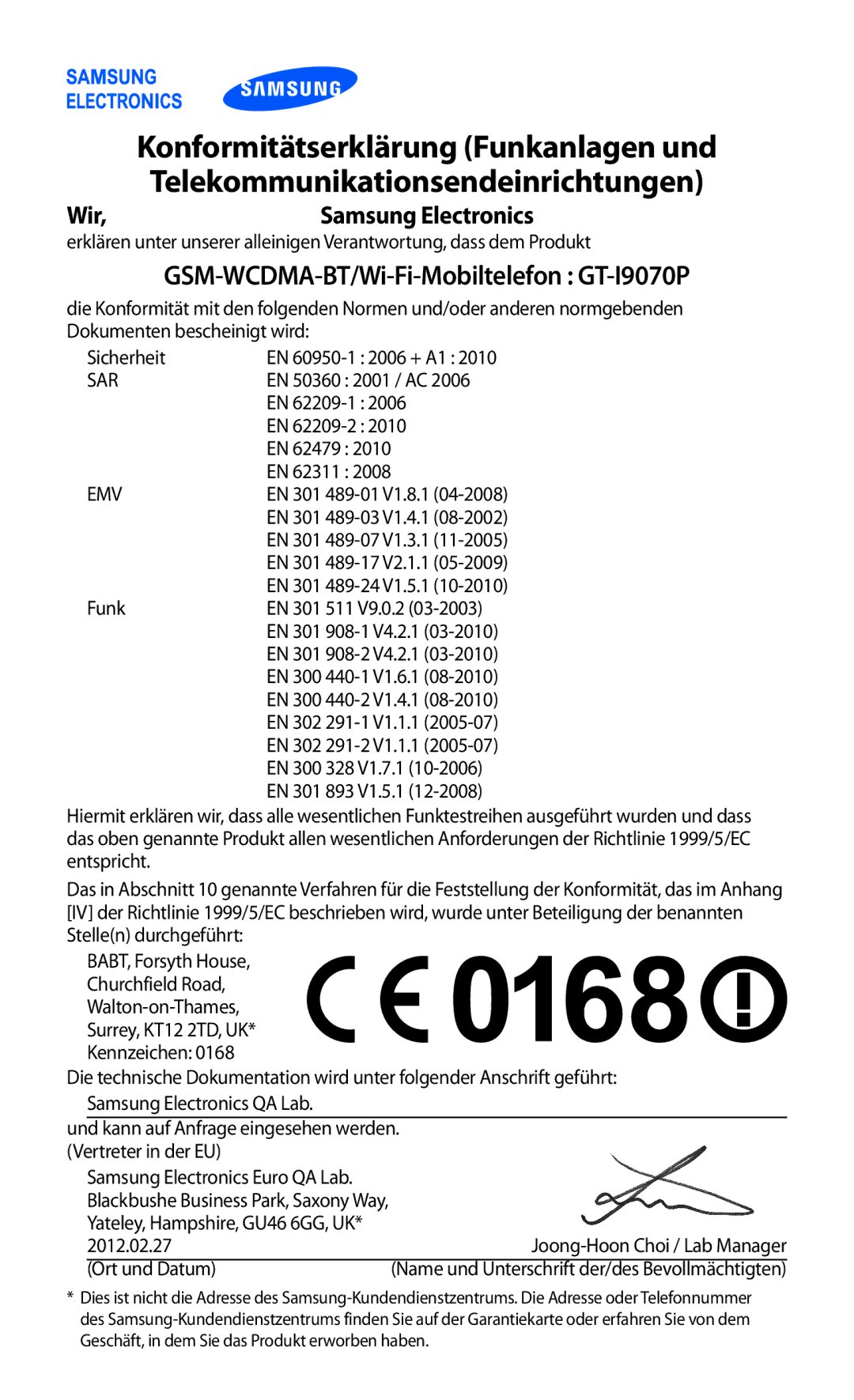 Samsung GT-I9070HKNATO, GT-I9070HKNDBT, GT-I9070HKNDTM, GT-I9070RWNDTM, GT-I9070HKNTUR Konformitätserklärung Funkanlagen und 