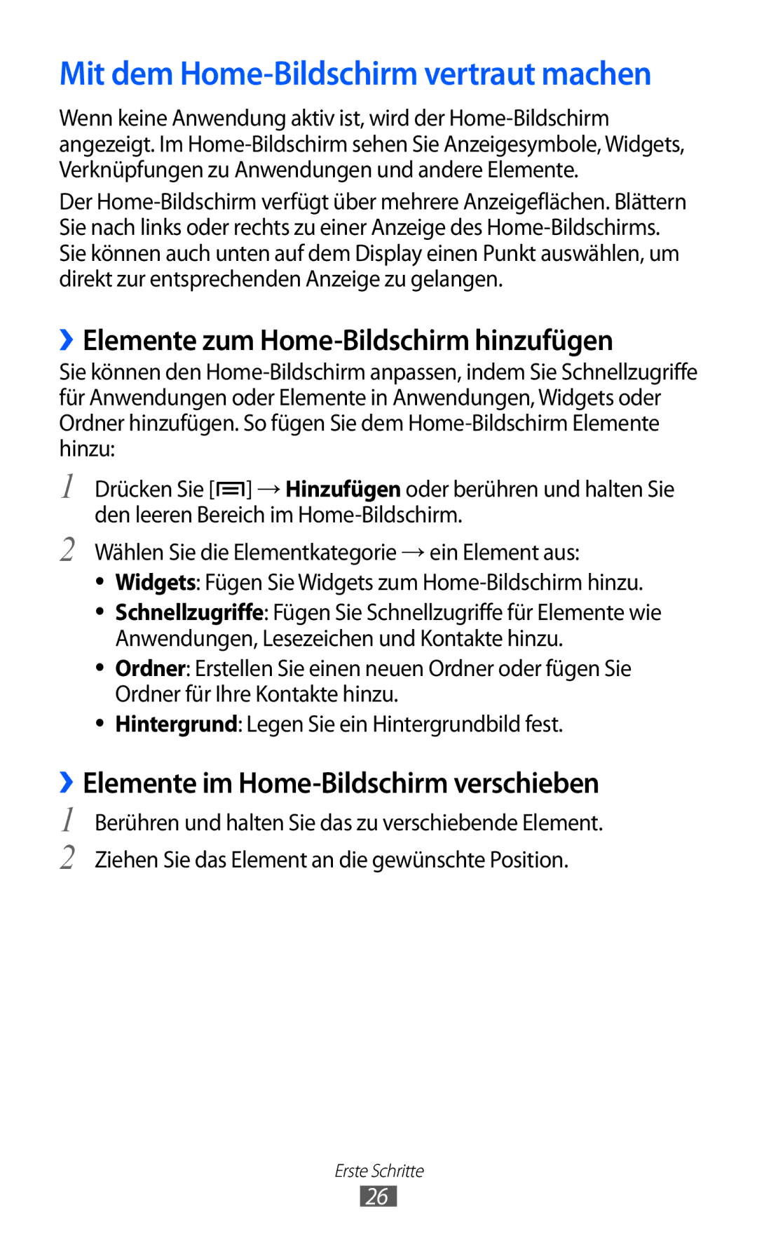 Samsung GT-I9070HKNDBT, GT-I9070HKNATO Mit dem Home-Bildschirm vertraut machen, ››Elemente zum Home-Bildschirm hinzufügen 