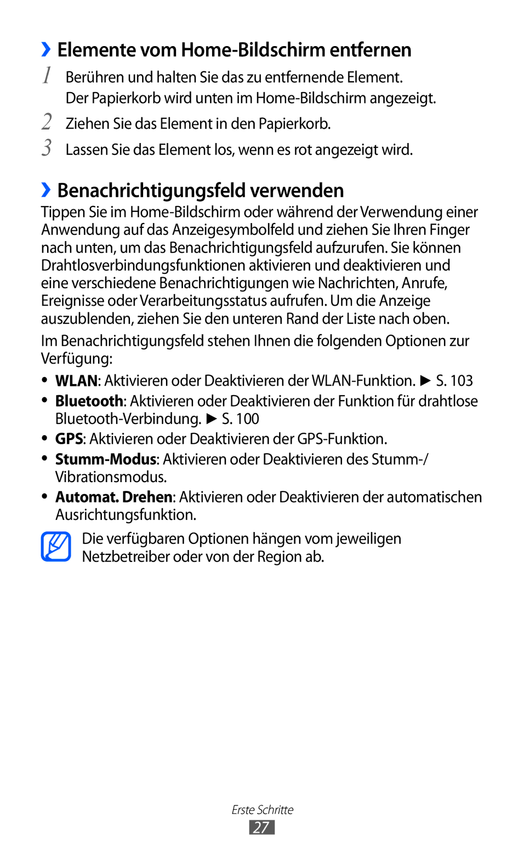 Samsung GT-I9070HKNDTM, GT-I9070HKNATO manual ››Elemente vom Home-Bildschirm entfernen, ››Benachrichtigungsfeld verwenden 