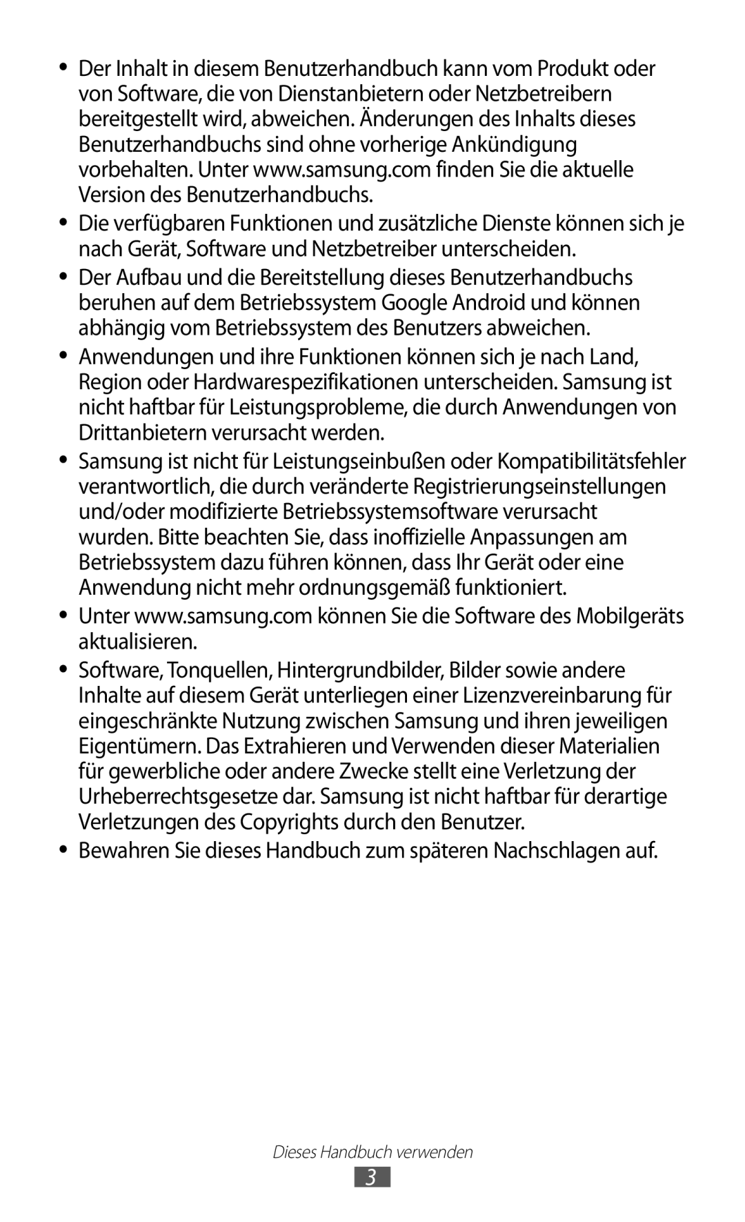 Samsung GT-I9070RWNDTM, GT-I9070HKNATO, GT-I9070HKNDBT manual Bewahren Sie dieses Handbuch zum späteren Nachschlagen auf 