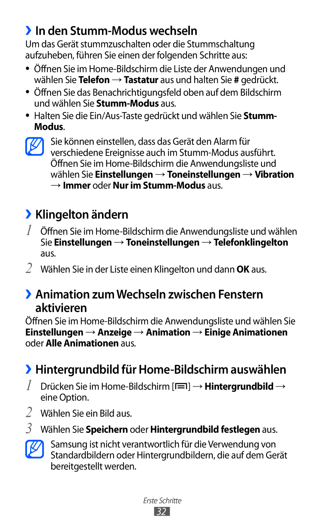 Samsung GT-I9070HKNDTM manual ››In den Stumm-Modus wechseln, ››Klingelton ändern, → Immer oder Nur im Stumm-Modus aus 