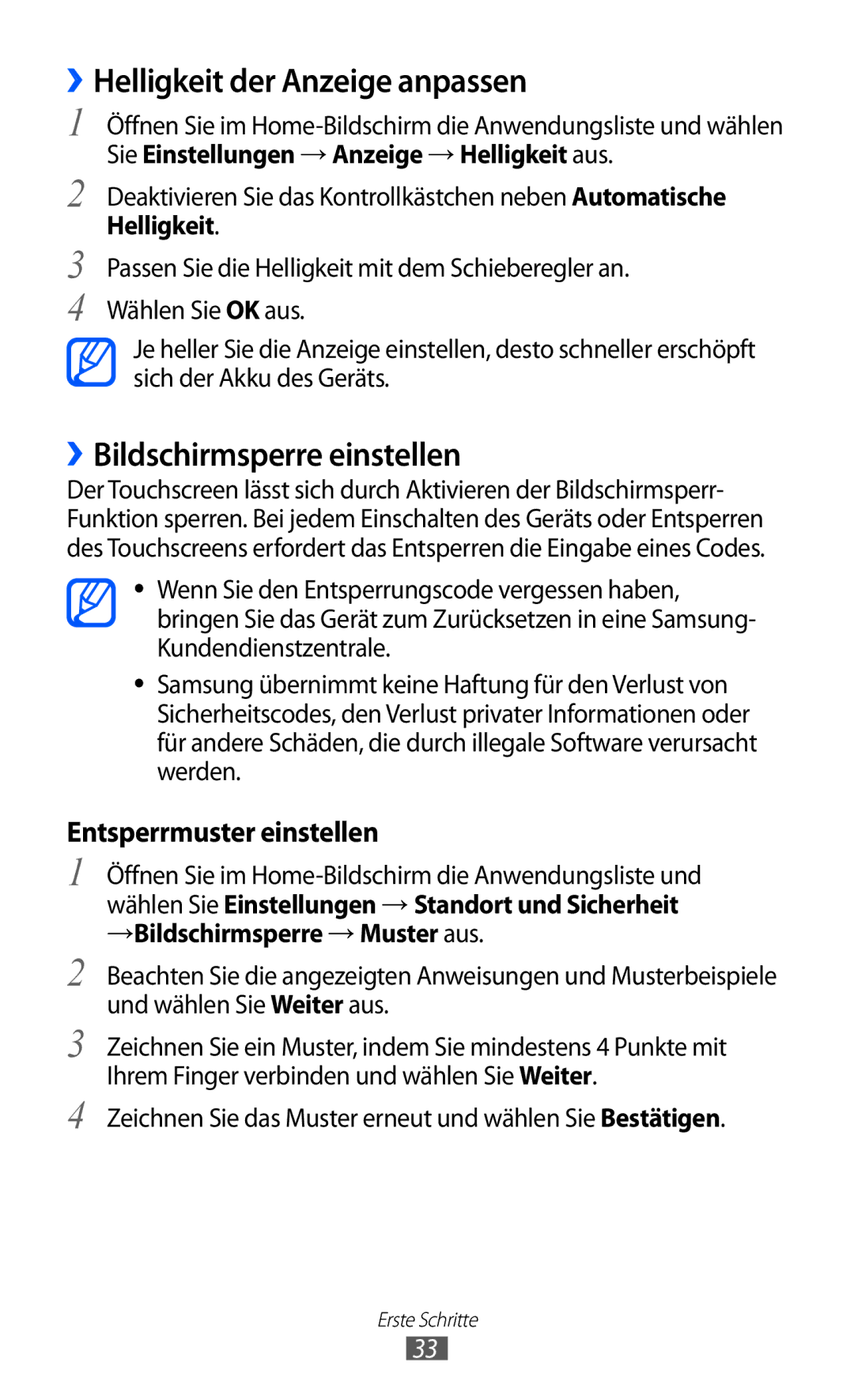 Samsung GT-I9070RWNDTM, GT-I9070HKNATO, GT-I9070HKNDBT ››Helligkeit der Anzeige anpassen, ››Bildschirmsperre einstellen 