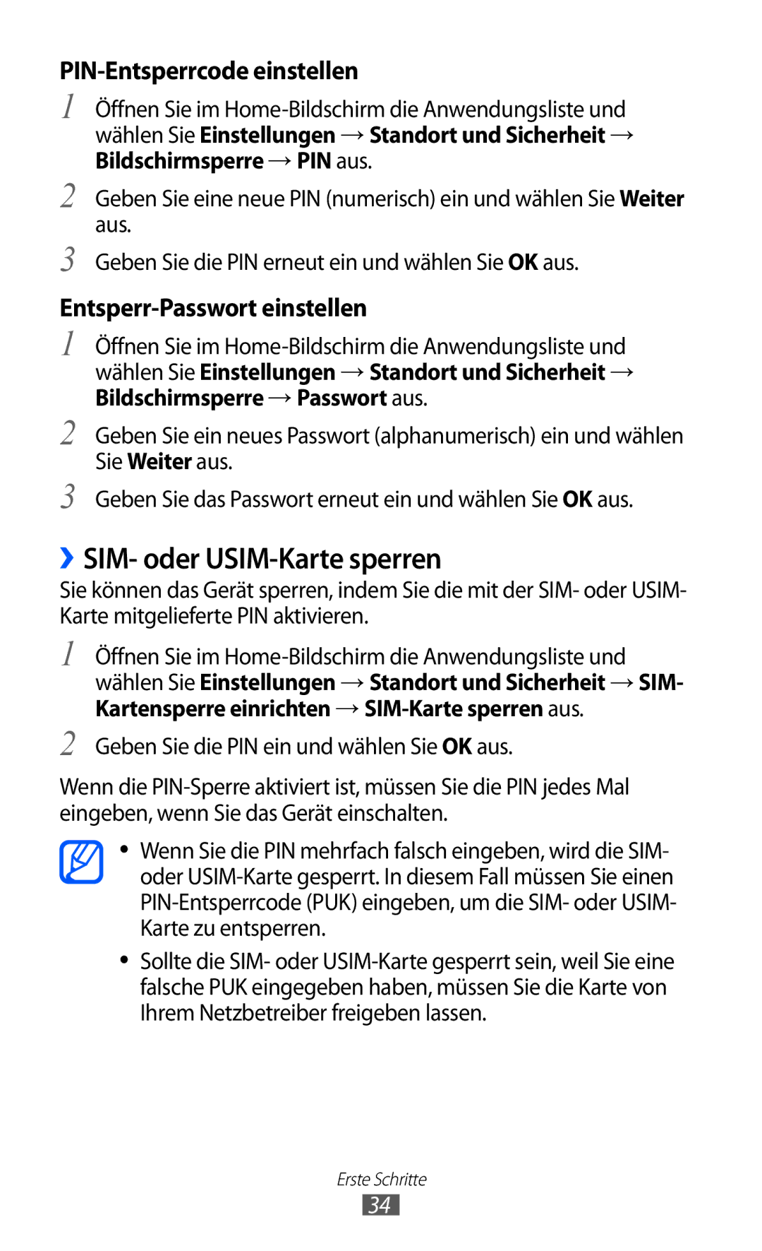 Samsung GT-I9070HKNTUR, GT-I9070HKNATO, GT-I9070HKNDBT manual ››SIM- oder USIM-Karte sperren, PIN-Entsperrcode einstellen 