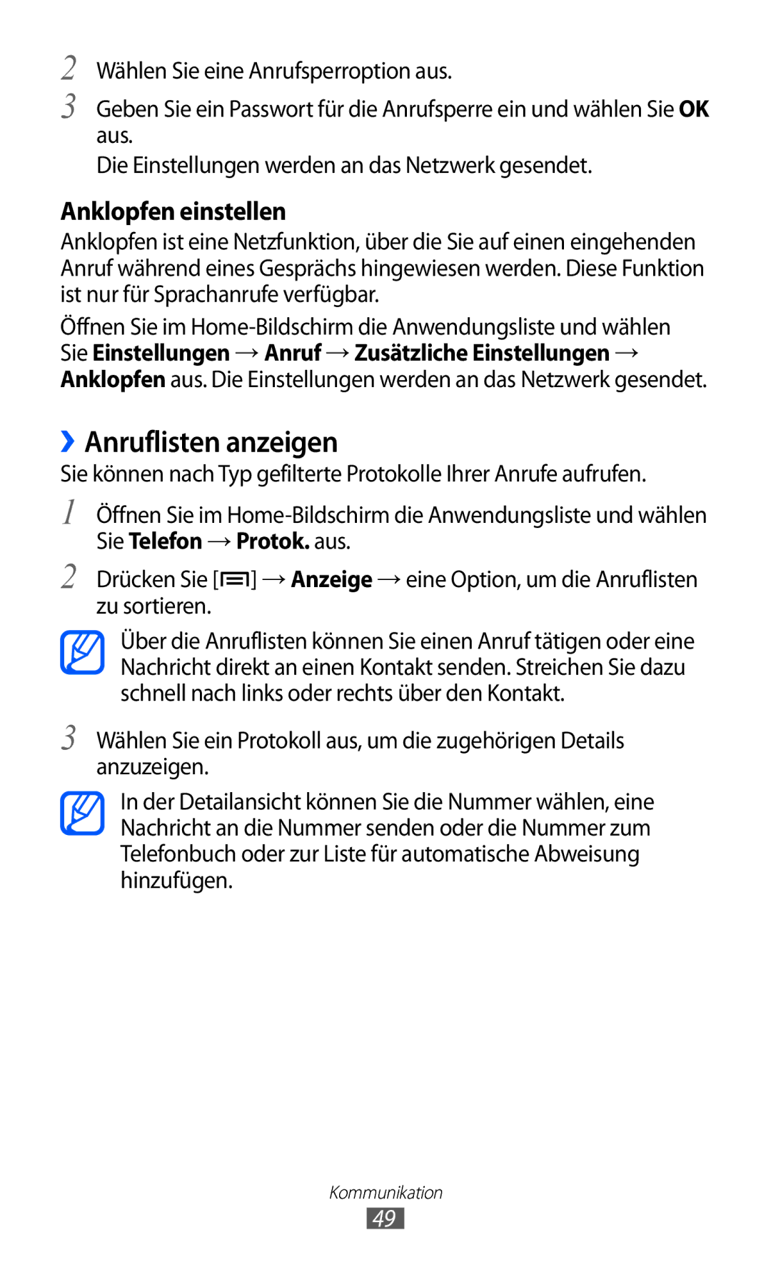 Samsung GT-I9070HKNTUR, GT-I9070HKNATO, GT-I9070HKNDBT, GT-I9070HKNDTM manual ››Anruflisten anzeigen, Anklopfen einstellen 