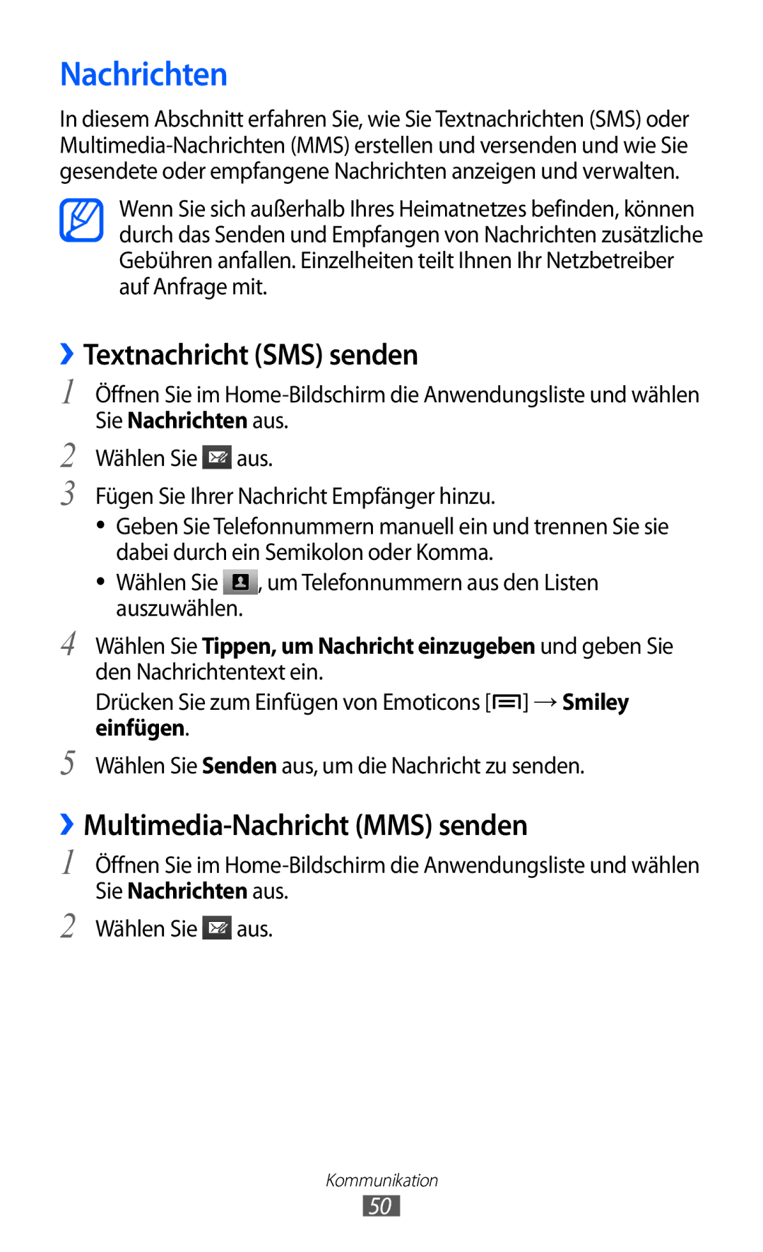 Samsung GT-I9070HKNATO, GT-I9070HKNDBT manual Nachrichten, ››Textnachricht SMS senden, ››Multimedia-Nachricht MMS senden 